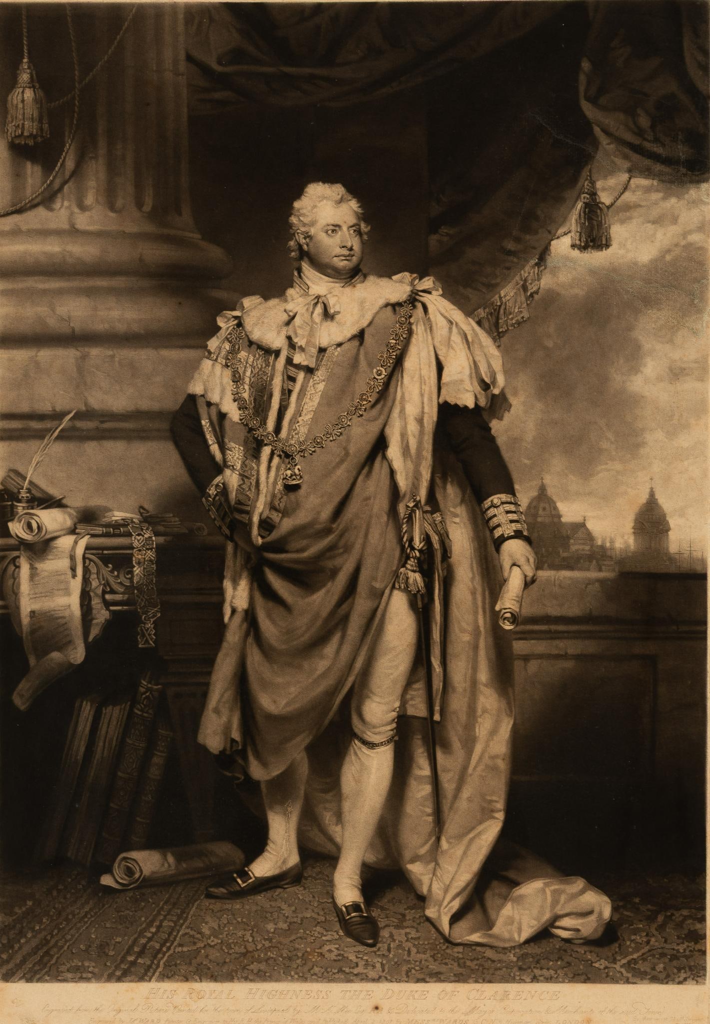 King William IV Mezzotint Engraving by James Ward: NOT ELIGIBLE FOR IN-HOUSE SHIPPING. DESCRIPTION: King William IV by James Ward mezzotint engraving. King William IV (1765-1837). This engraving presents the Prince in the dress uniform of a full admir