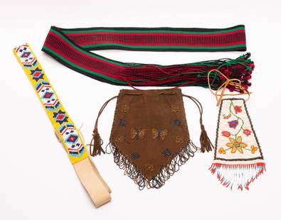 Native American Powwow Dance Pieces Incl Beadwork: DESCRIPTION: Apache woven dance sash belt approximately 1970. A modern beaded leather bag with whirling log and butterfly pattern. A white beaded Plains necktie. A yellow beaded dance sash Plains. MEA