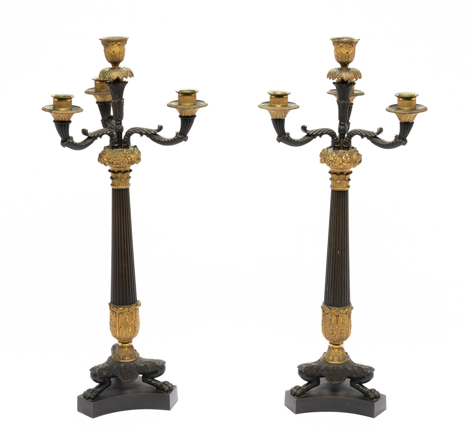 Pair of Black & Gilt Candelabra: DESCRIPTION: Black and gilt candelabra. Top decorated with floral and leaf motif. Bottom with animal feet. MEASUREMENT: 9-1/4" wide x 22-1/4" high.