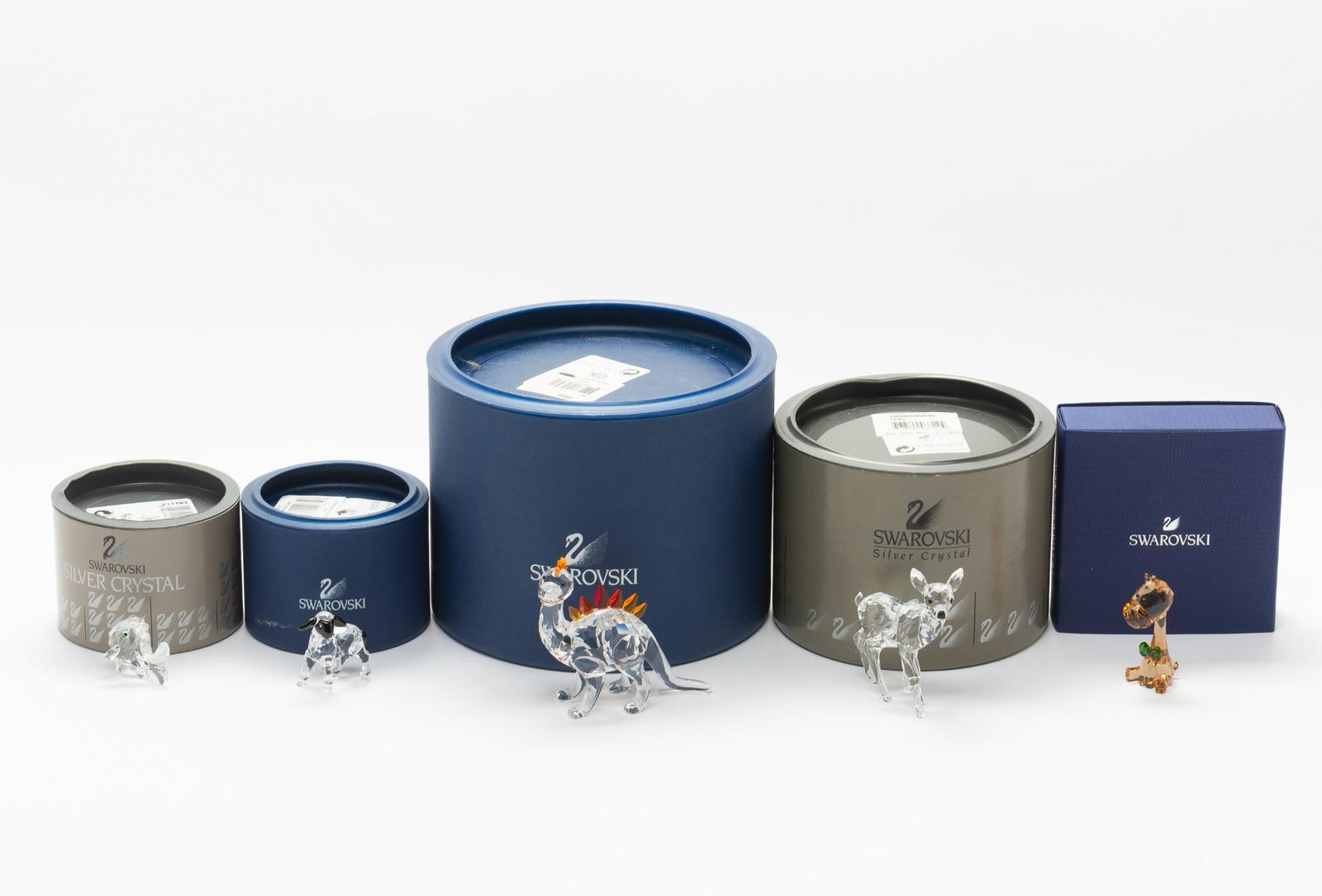 5 Swarovski Figurines with OB's incl Dinosaur: All with original boxes. 1-1/4" to 3" high.