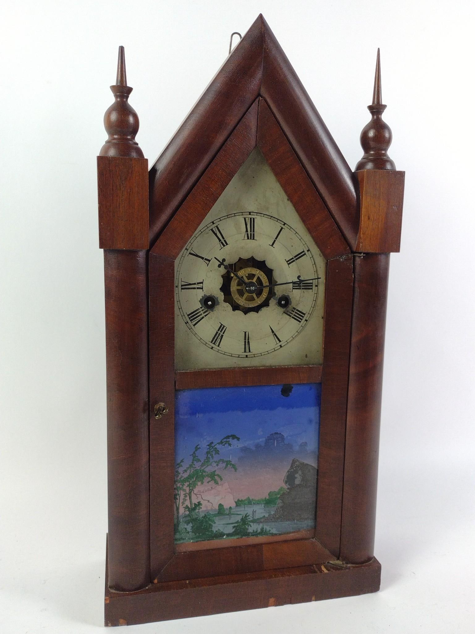 New Haven Clock Co Steeple Clock with Reverse Painted Panel (1 of 7)