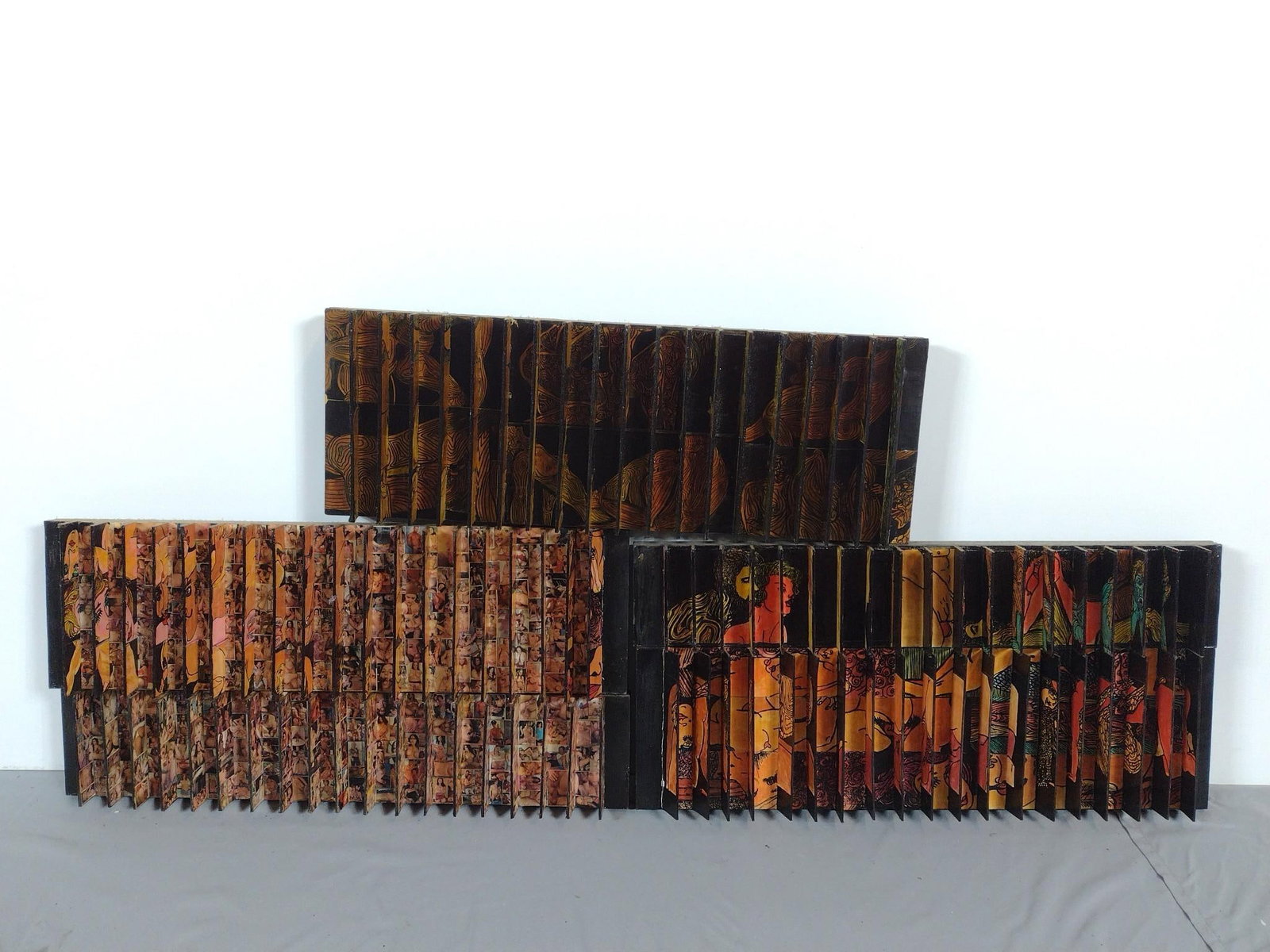 5 Erotic Wall Transformation Sculptures: NOT ELIGIBLE FOR IN-HOUSE SHIPPING. 20" wide X 2" deep X 3-1/2" to 6" high. PROVENANCE: From the Estate of Yigal Elyadin. Yigal Elyadin was born in 1950 in Tel Aviv, Israel and came to the United Stat