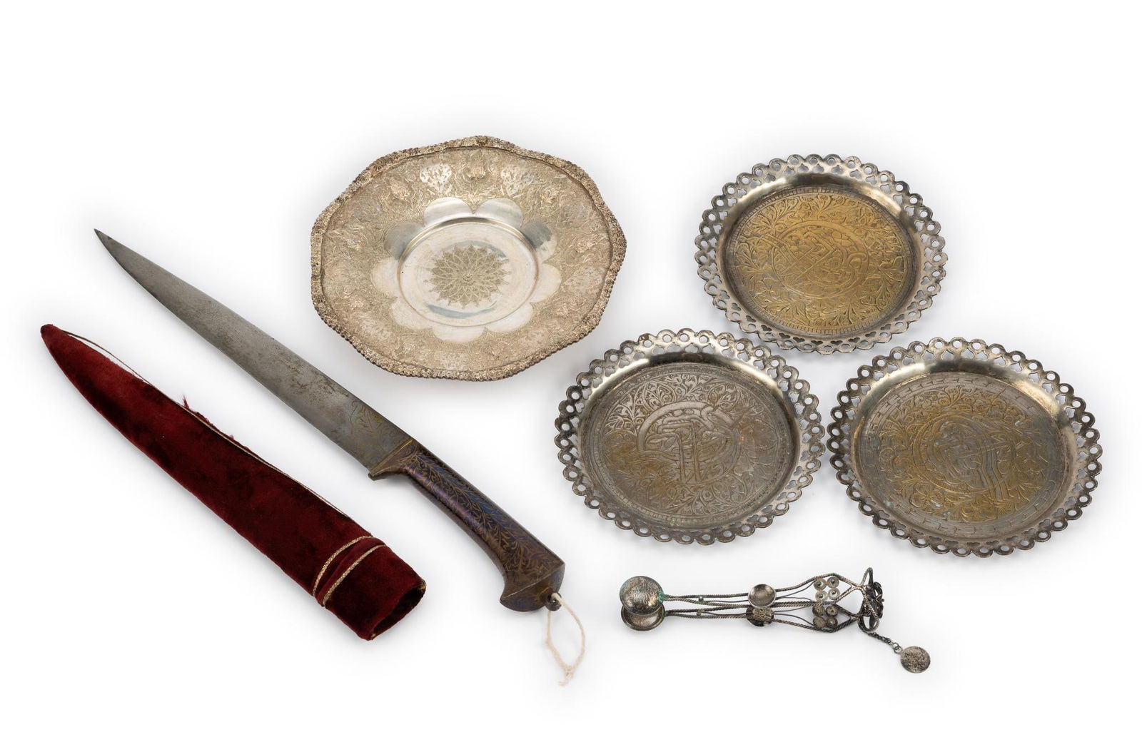 Iranian Persian Silver Dish, Antique Dagger, Sugar Tongs: 7" diameter Iranian Persian Antique footed and scalloped dish with silver hallmarks weighing 6.2 troy ounces. Turkish Ottoman sugar tong with silver coins. 14" dagger with sheath. Three 5 3/4" diamete