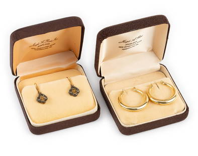 2 Pairs 14K Gold Earrings: Hoops measure 1-1/4" wide and weigh 4.6 grams. 14k & sterling pair 1-1/8" height. Both in Joseph A. Rosi, Jr. Harrisburg, PA gift boxes.
