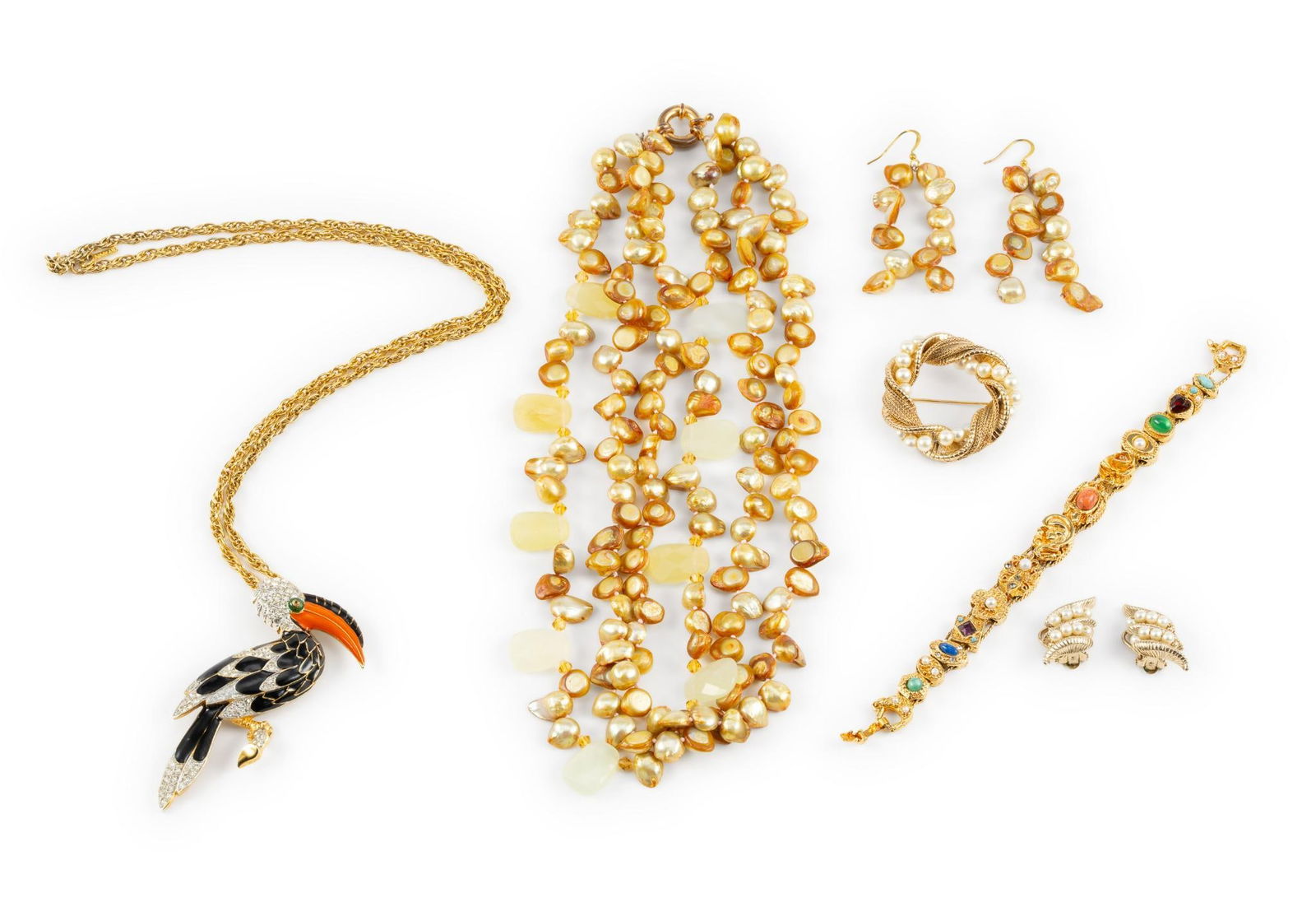 8 Pcs Costume Jewelry: Includes Napier and D'Orlan. Necklaces measure 19" to 25-1/4" long. Bracelet measures 1/2" wide x 7-1/4" long. Brooches measure 1-3/4" wide x 1-3/4" to 3-1/4" long. Earrings measure 3/4" to 1" wide x