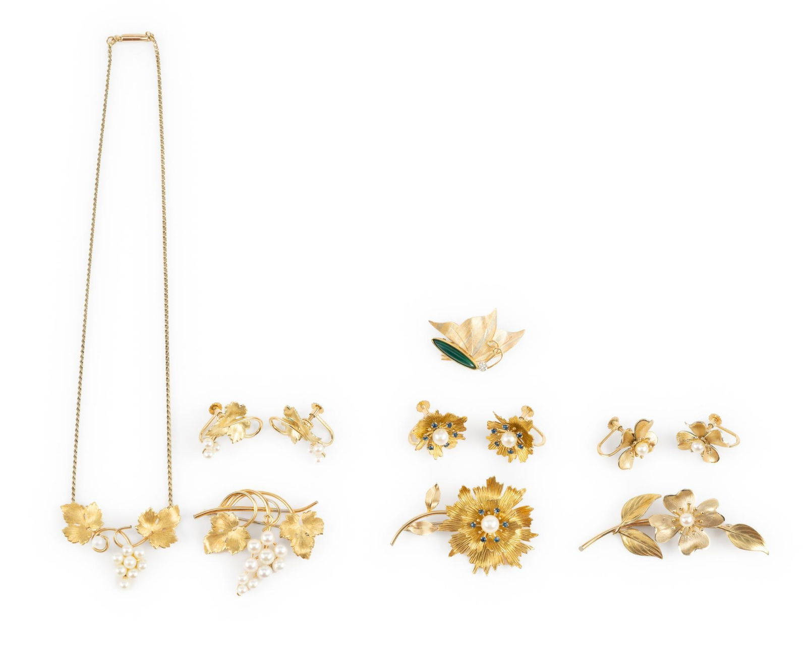 11 Pcs. Krementz Costume Jewelry: Includes brooches, jewelry, and earrings. Necklace measures 1-3/4" wide x 1-1/4" long, chain measures 16-1/4" long. Earrings measure 3/4" to 7/8" wide x 7/8" long. Brooches measure 1" to 1-1/8" wide x