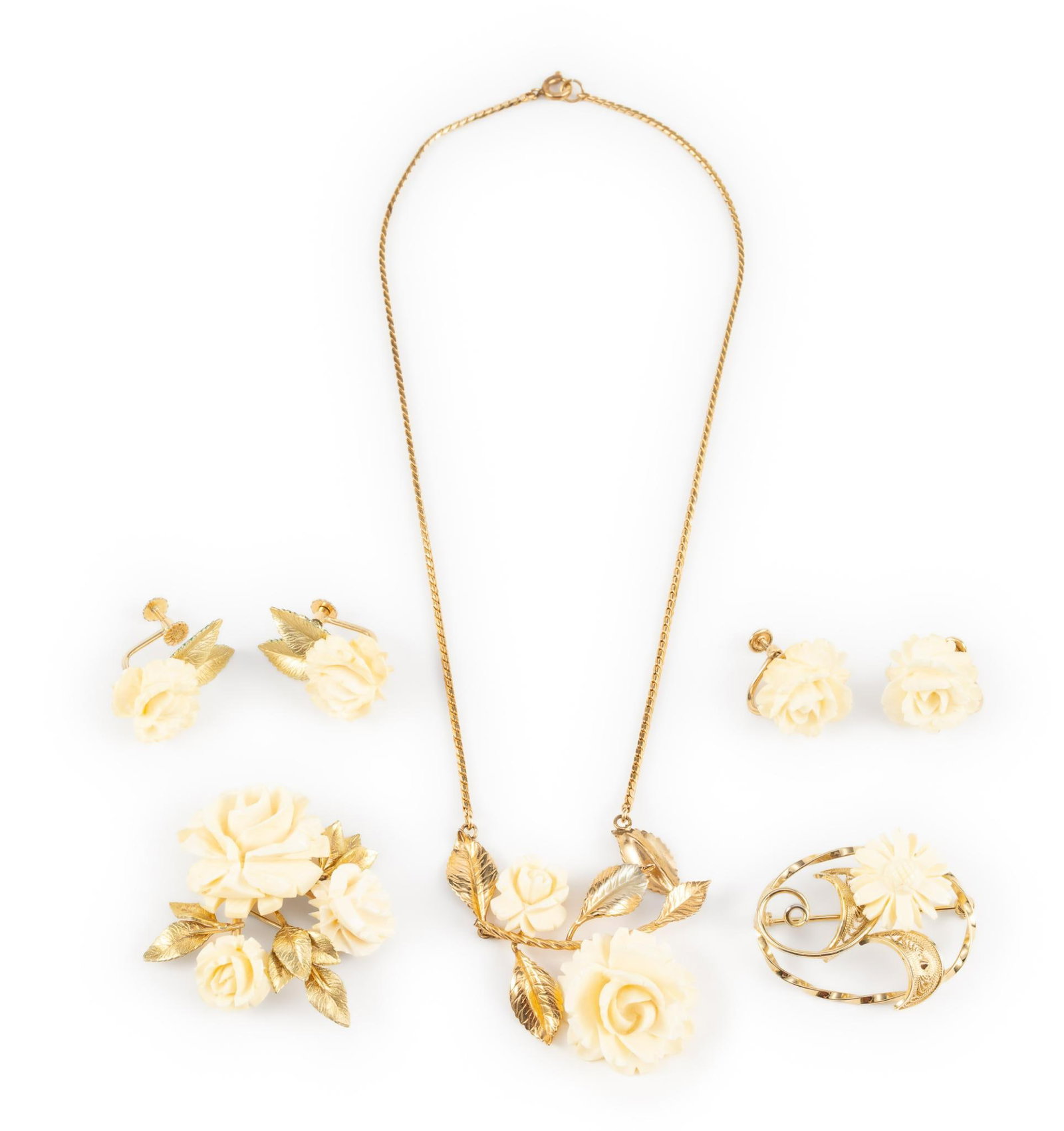 7 Pcs Costume Jewelry: Includes Krementz, Dixelle, and Van Dell. Earrings measure 3/4" wide x 3/4" to 1-1/4" long. Brooches measure 1-3/4" to 1-1/2" wide x 1-1/4" to 1-3/4" long. Necklace measures 2-1/4" wide x 1-3/4" long,