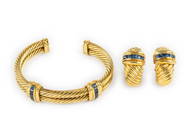 David Yurman 14K Yellow Gold & Sapphire Cuff Bracelet and Clip Earrings