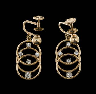 Pair of 14K Gold & Diamond Earrings: Marked 14k yellow gold screw back earrings each set with five round diamonds. Approximately .50 CTW diamonds. 4 grams. 1-1/8" high.