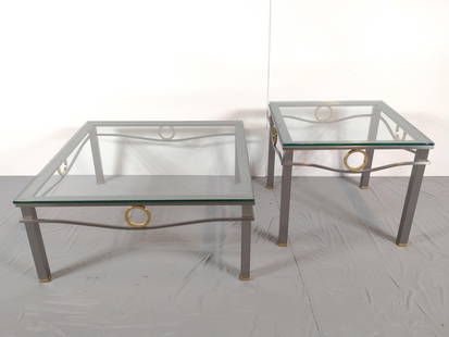 Modern Chrome Coffee Table & End Table: NOT ELIGIBLE FOR IN-HOUSE SHIPPING. Coffee Table 38" wide X 38" deep X 17" high. End table 26" wide X 26" deep X 22" high. No manufactures name found.