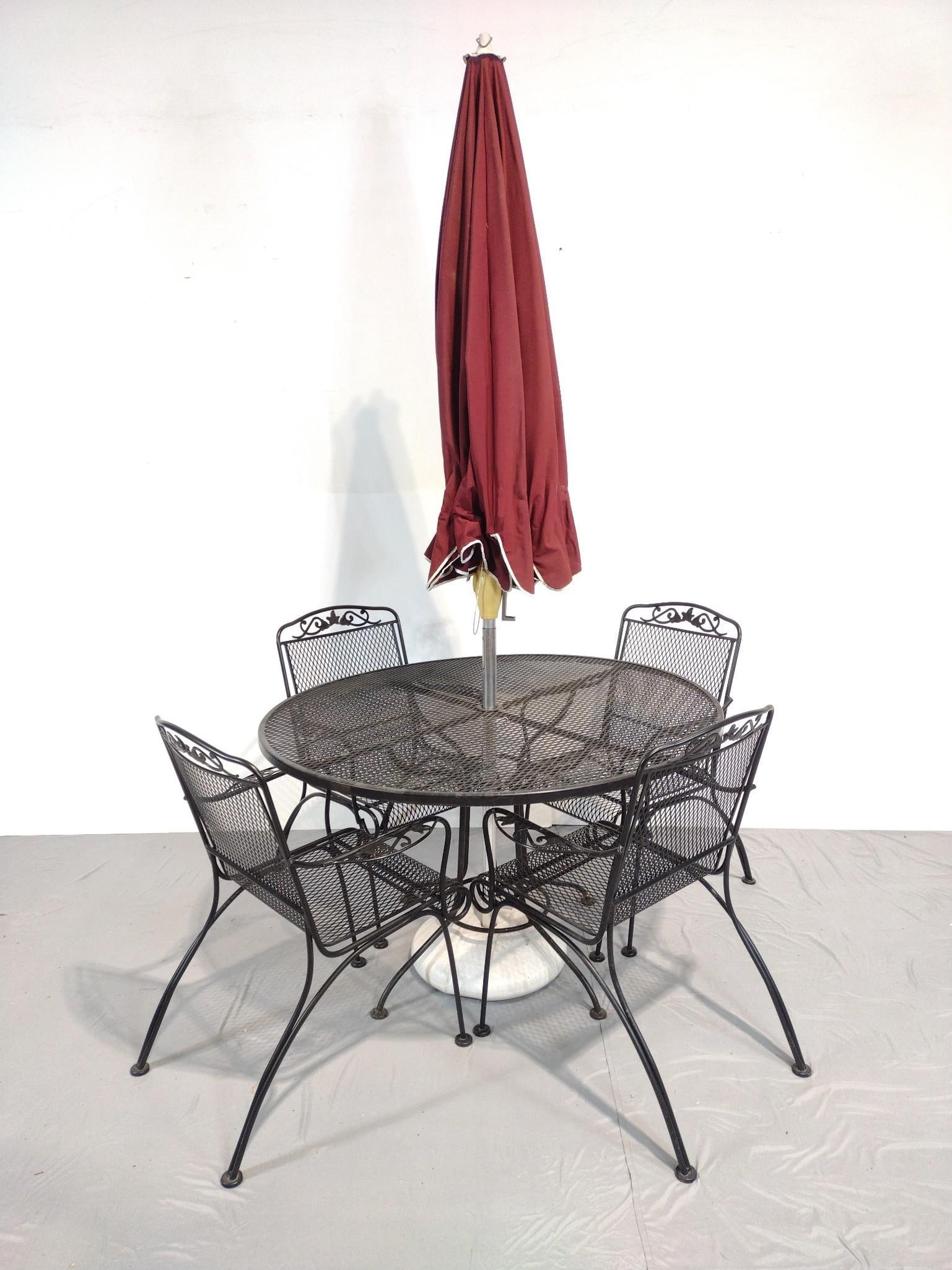 Metal Outdoor Table & Chairs Set w/ Umbrella and Weighted Stand (1 of 7)