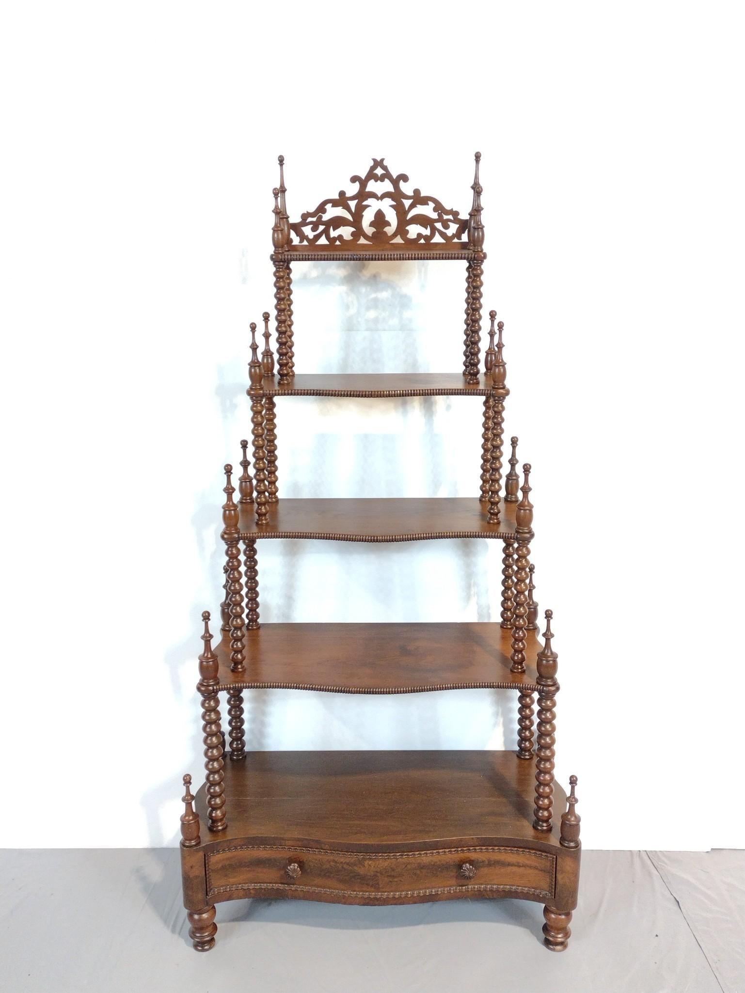 5 Tier Victorian Etagere: NOT ELIGIBLE FOR IN-HOUSE SHIPPING. 31-1/2" wide X 13-1/2" deep X 62" high. Has some light scratches.