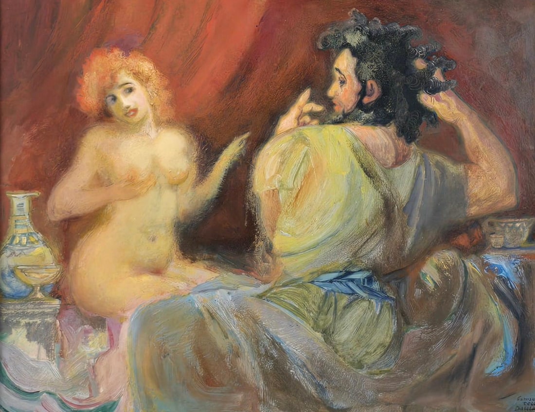 S. Roslen "Samson Telling Dalila His Secret" Painting: NOT ELIGIBLE FOR IN-HOUSE SHIPPING. Sight: 8-1/2" high x 11" wide. Overall with frame: 15-1/2" high x 17" wide. Some finish / paint losses to frame.