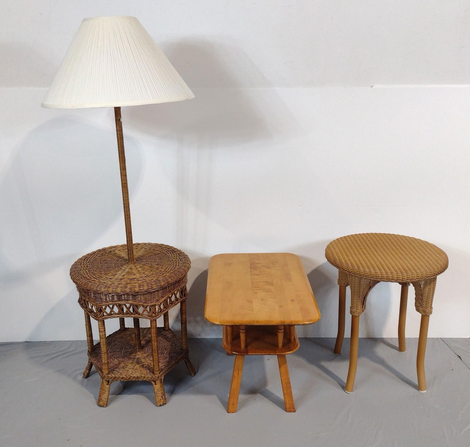 3 Tables Incl Wicker: NOT ELIGIBLE FOR IN-HOUSE SHIPPING. 17" to 19" wide X 19" to 27" deep X 18" to 59" high.