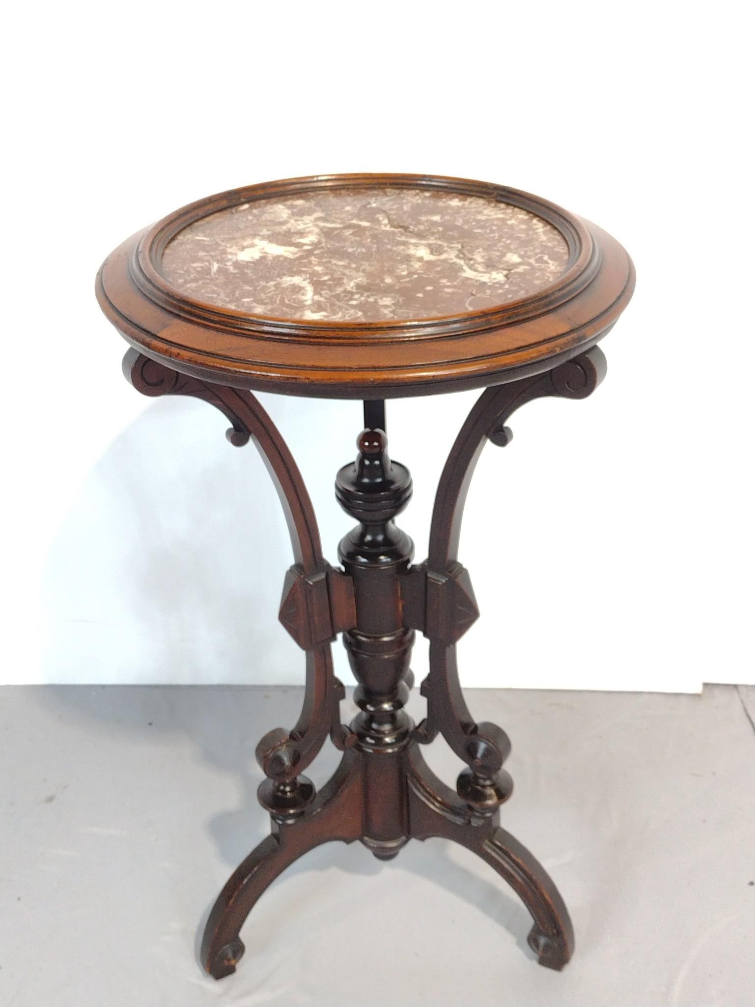 Marble Top Occasional Table: NOT ELIGIBLE FOR IN-HOUSE SHIPPING. 17" diameter X 30" high. Has some light scratches. Top starting to separate from base.