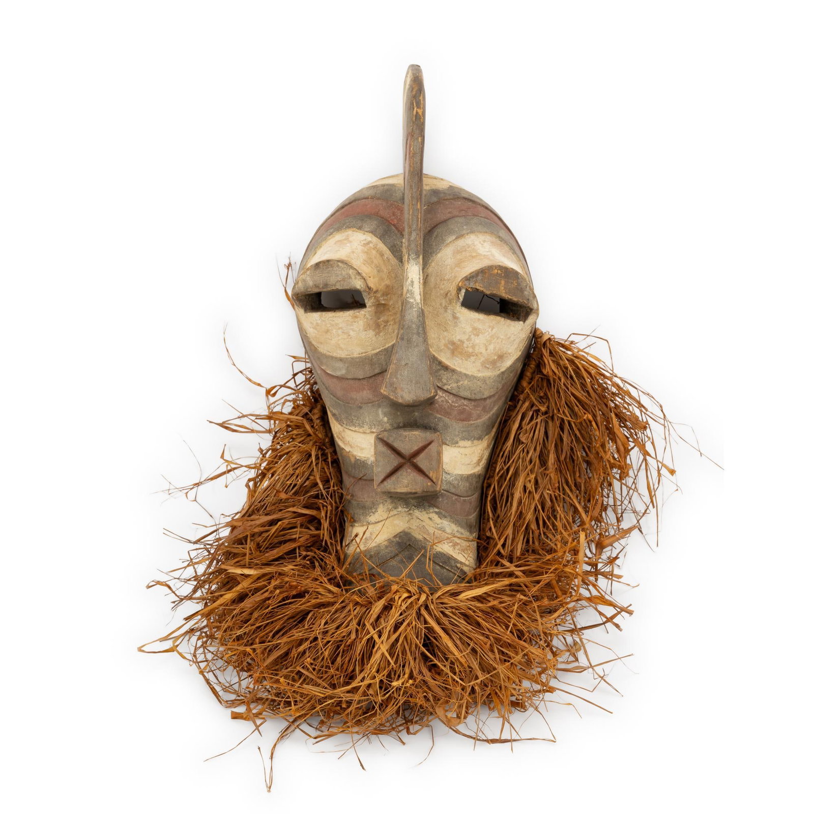 Carved African Mask: Unknown tribe. Paint losses. Piece missing from edge of mask. Measures 8-1/4" to 18-1/2" long.