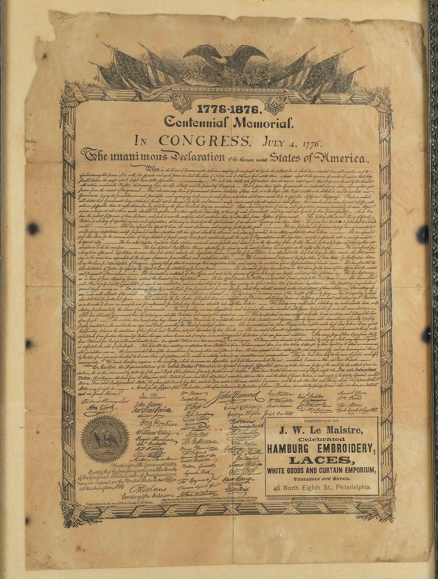 Columbian Publishing Company Reproduction Centennial Memorial Document: NOT ELIGIBLE FOR IN-HOUSE SHIPPING. Sight: 20" high x 15" wide. Overall with frame: 27-3/4" high x 21-3/4" wide. Some cracks and losses to frame.