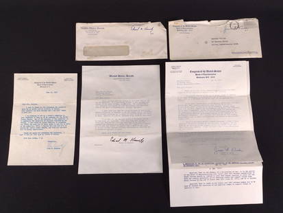 3 Politician Signed Letters incl John F. Kennedy: Includes 1.) June 19, 1952 John F. Kennedy signed letter. No envelope. 2.) June 23, 1979 Edward M. Kennedy signed letter with envelope. 3.) May 25, 1970 James A. Burke signed letter with envelope. All