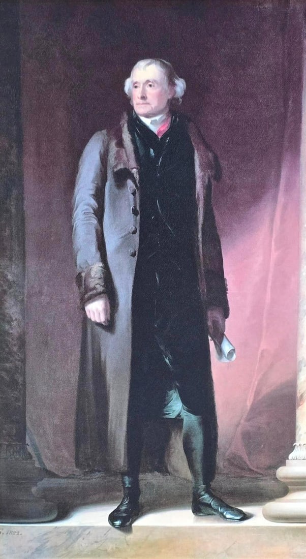 Thomas Sully "Thomas Jefferson" Print on Canvas Board: NOT ELIGIBLE FOR IN-HOUSE SHIPPING. Modern reprint. Sight: 29" high x 16-1/2" wide. Overall with frame: 33-1/4" high x 20-3/4" wide.
