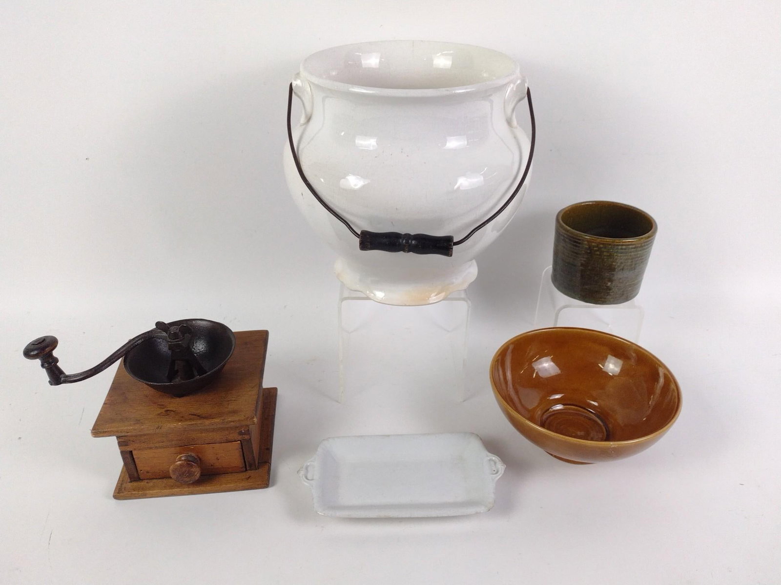 5 Kitchen Items: Includes bowl, jug, coffee grinder, and more. Jug measures 9-1/4" wide x 10" high.