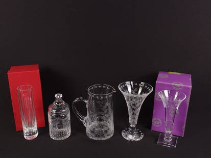 4 Pcs William Yeoward and 1 Baccarat Vase: 1 piece William Yeoward and Baccarat included. 7" to 8" high.