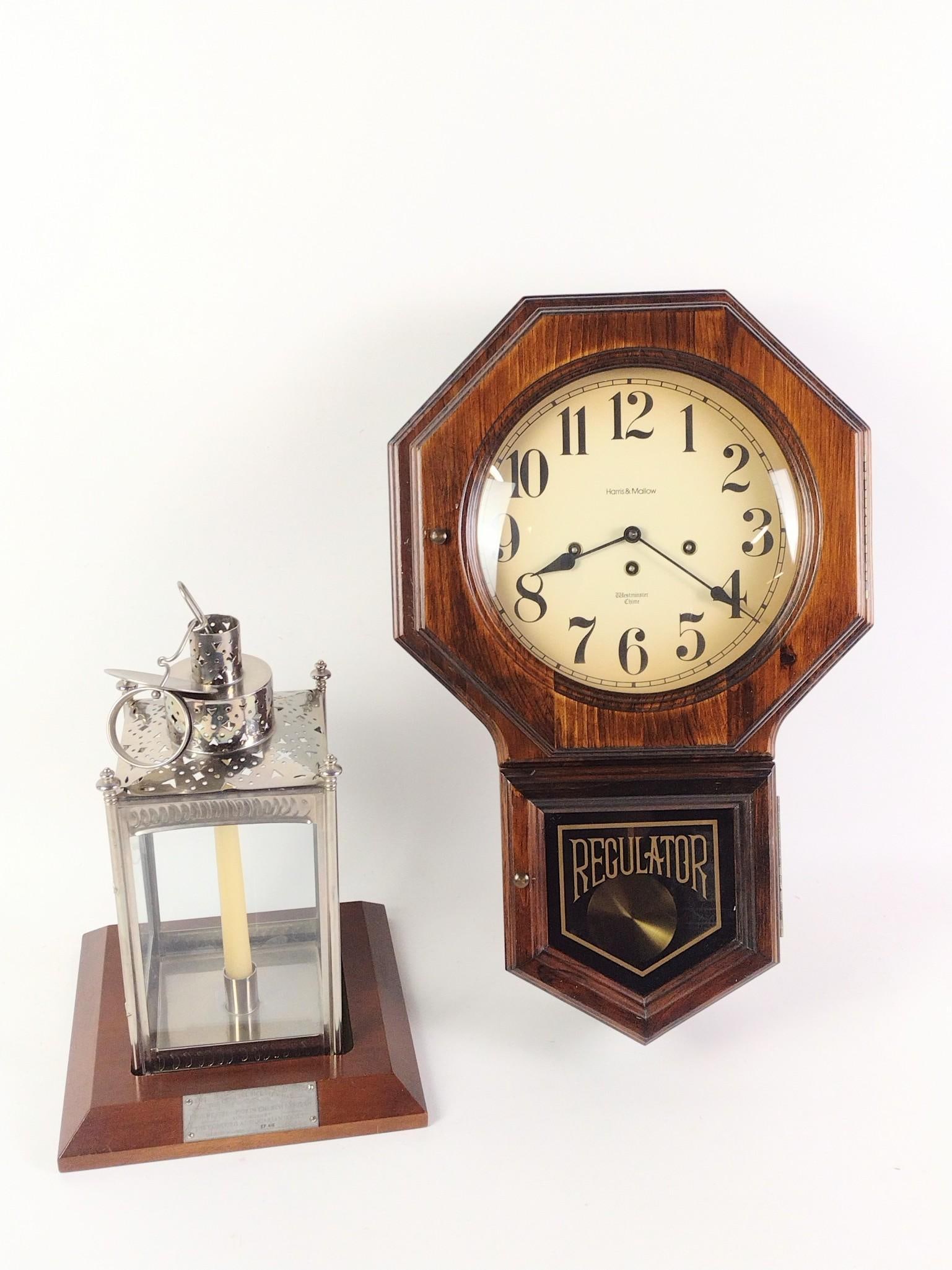 Harris & Mallow Clock and Bicentennial Paul Revere Lantern: NOT ELIGIBLE FOR IN-HOUSE SHIPPING. Clock is working. 16" to 20" high.