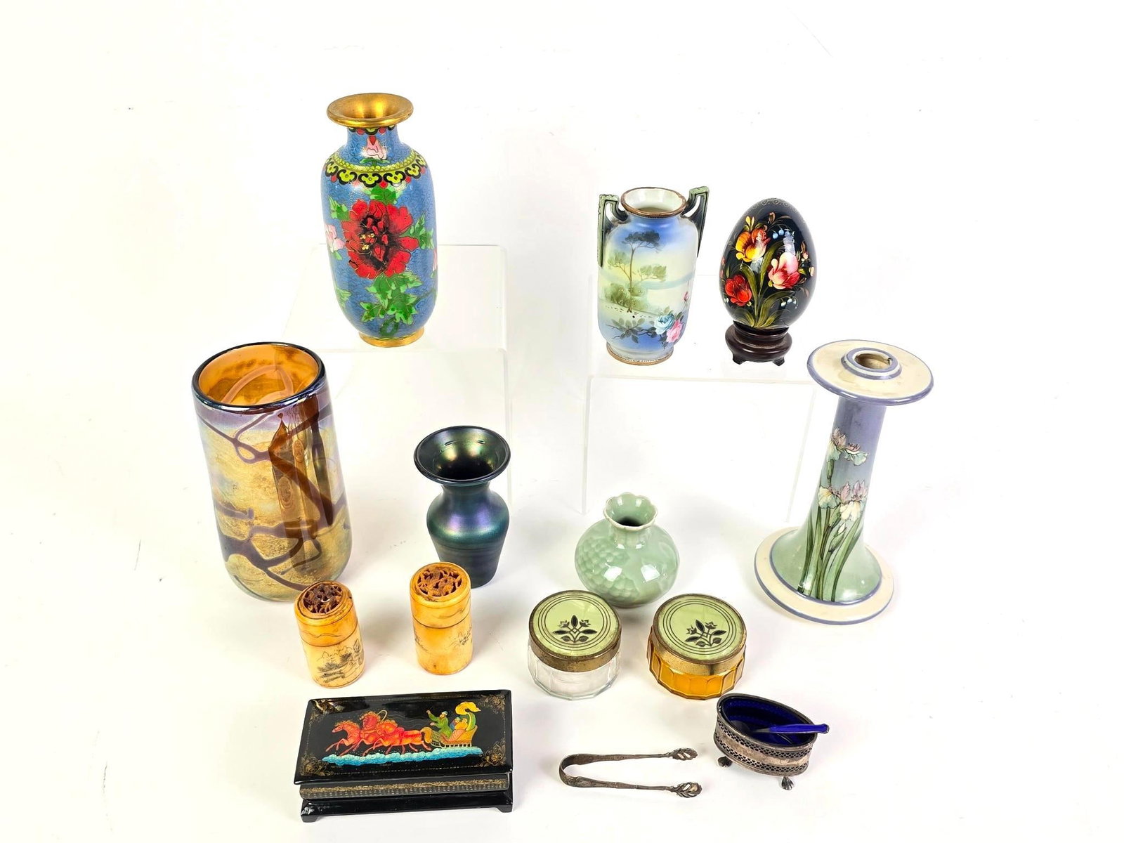 15 Curios incl Art Glass, Ceramics and Sterling: 1-1/2" to 7-1/4" high. One Asian cylindrical box with disconnected top.