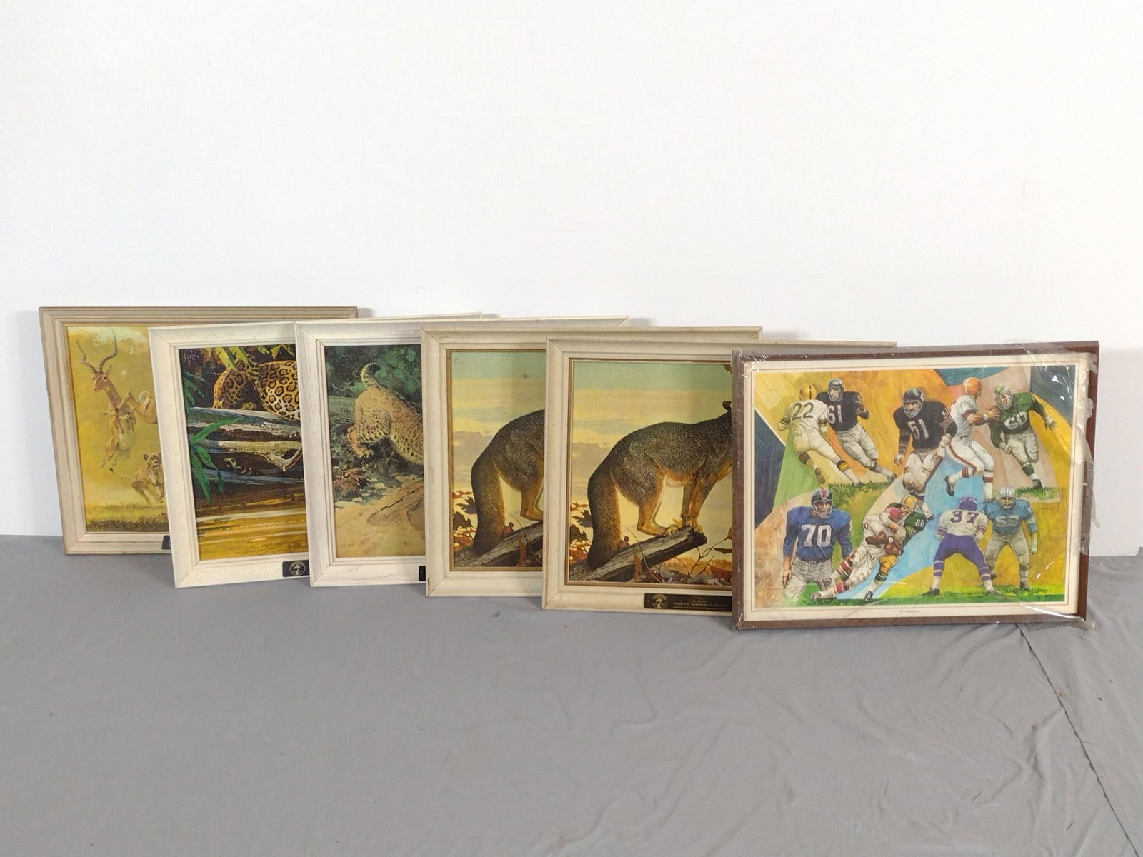 6 Vintage Prints incl Animals and Sports: NOT ELIGIBLE FOR IN-HOUSE SHIPPING. Each approximately 24" high x 19" wide.