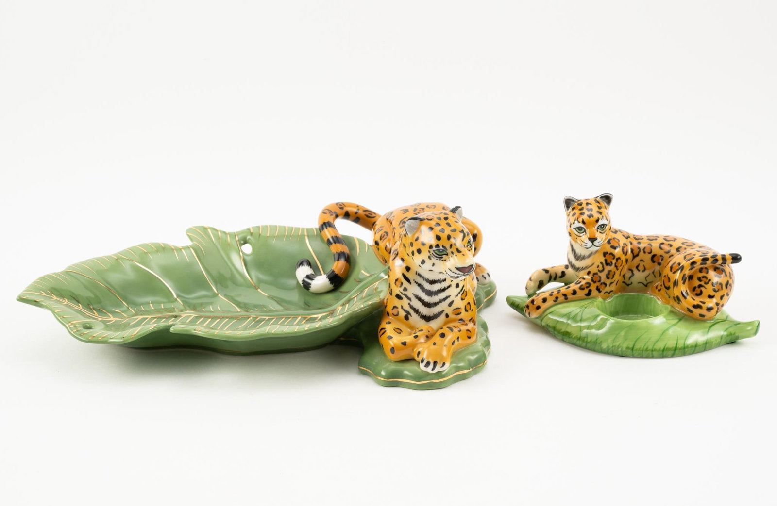 2 Lynn Chase "Jaguar Jungle" Specialty Ceramics: 6-1/4" to 11-1/2" wide x 3-1/2" to 7-1/2" deep x 3-1/2" to 4" high.
