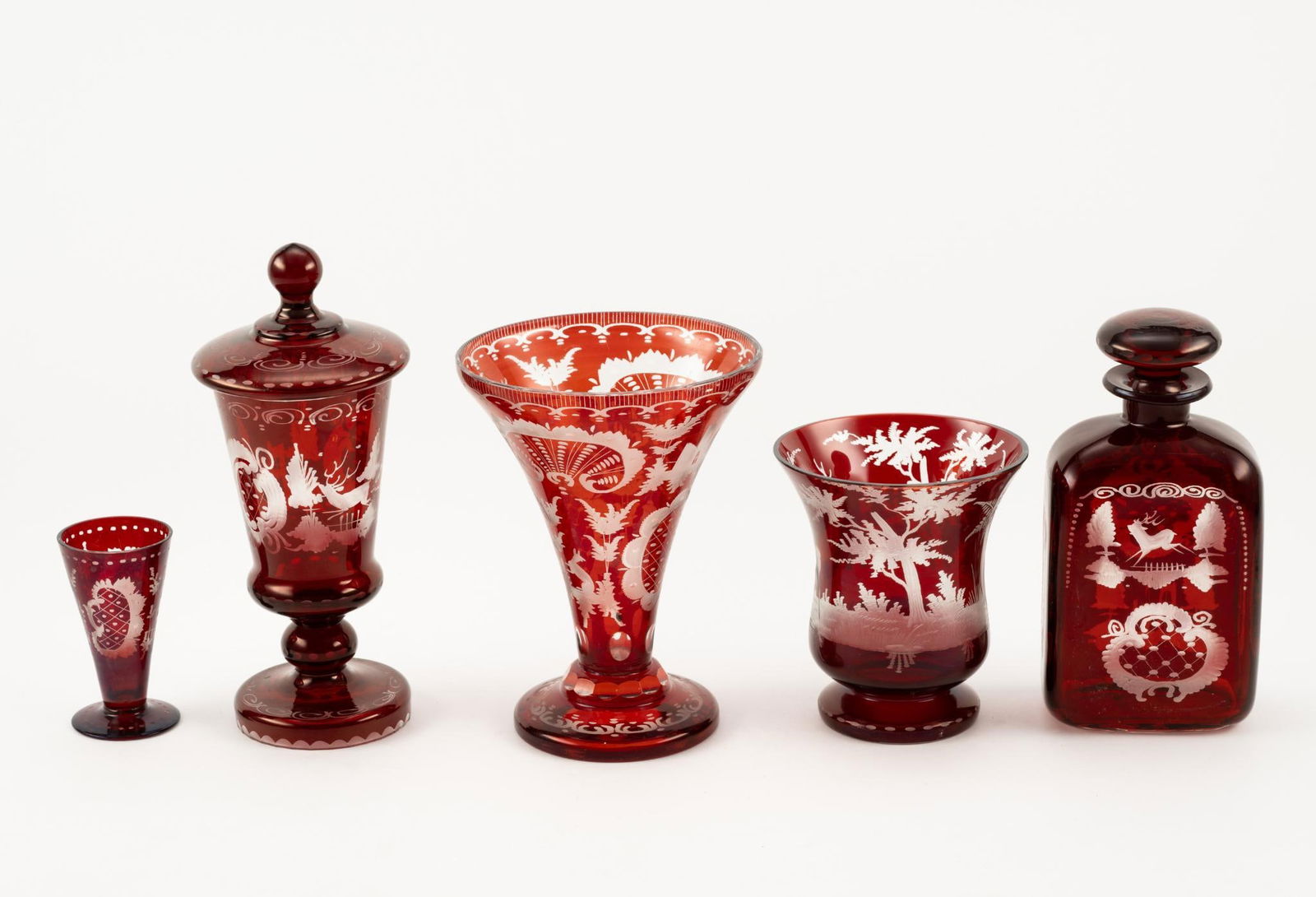 5 Pcs Bohemian Egermann Ruby Cut to Clear Glassware w/ Stag (1 of 5)