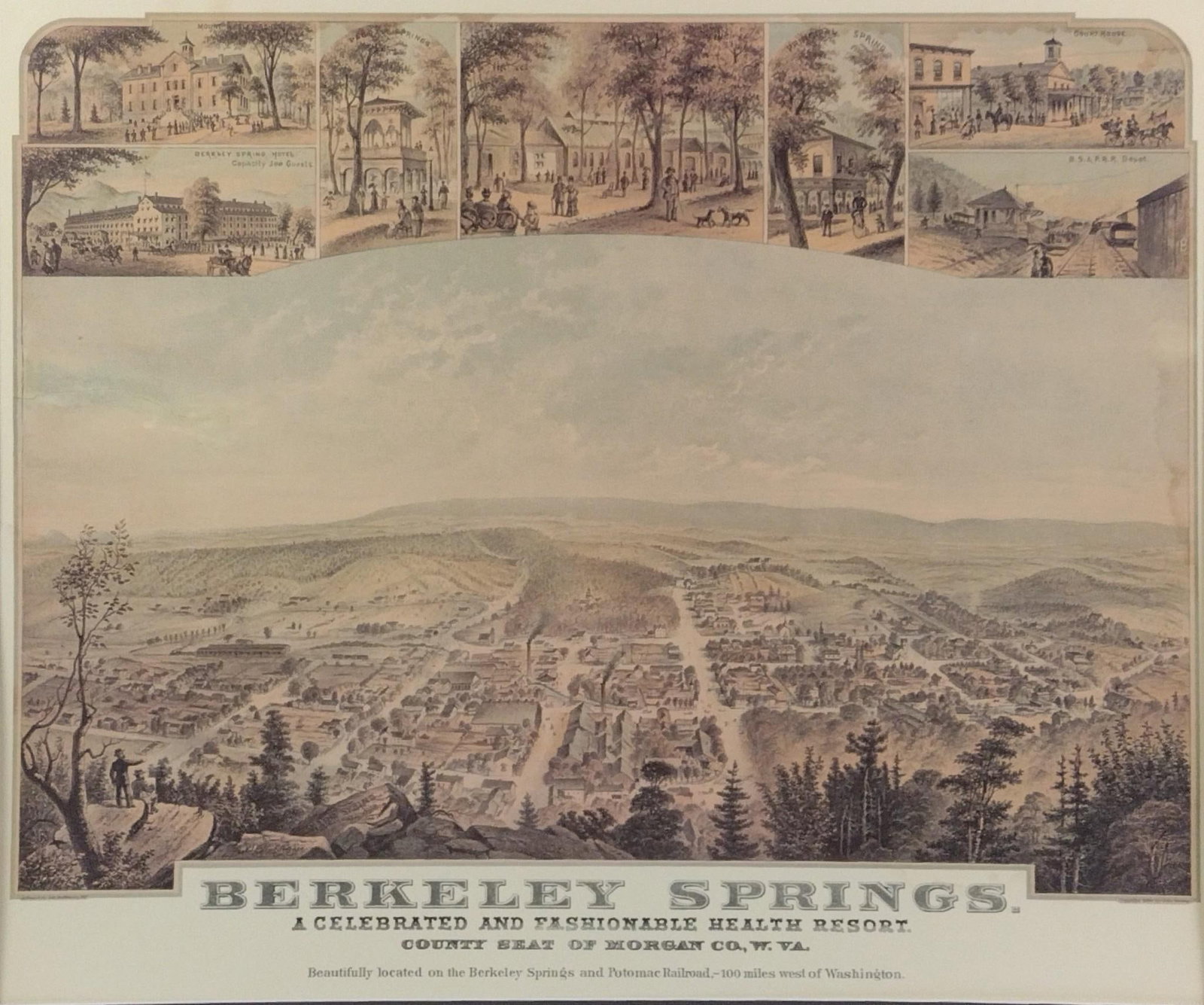Berkley Springs Print: NOT ELIGIBLE FOR IN-HOUSE SHIPPING. Sight: 17-1/4" high x 23-1/2" wide. Overall with frame: 27-3/4" high x 31-1/2" wide.