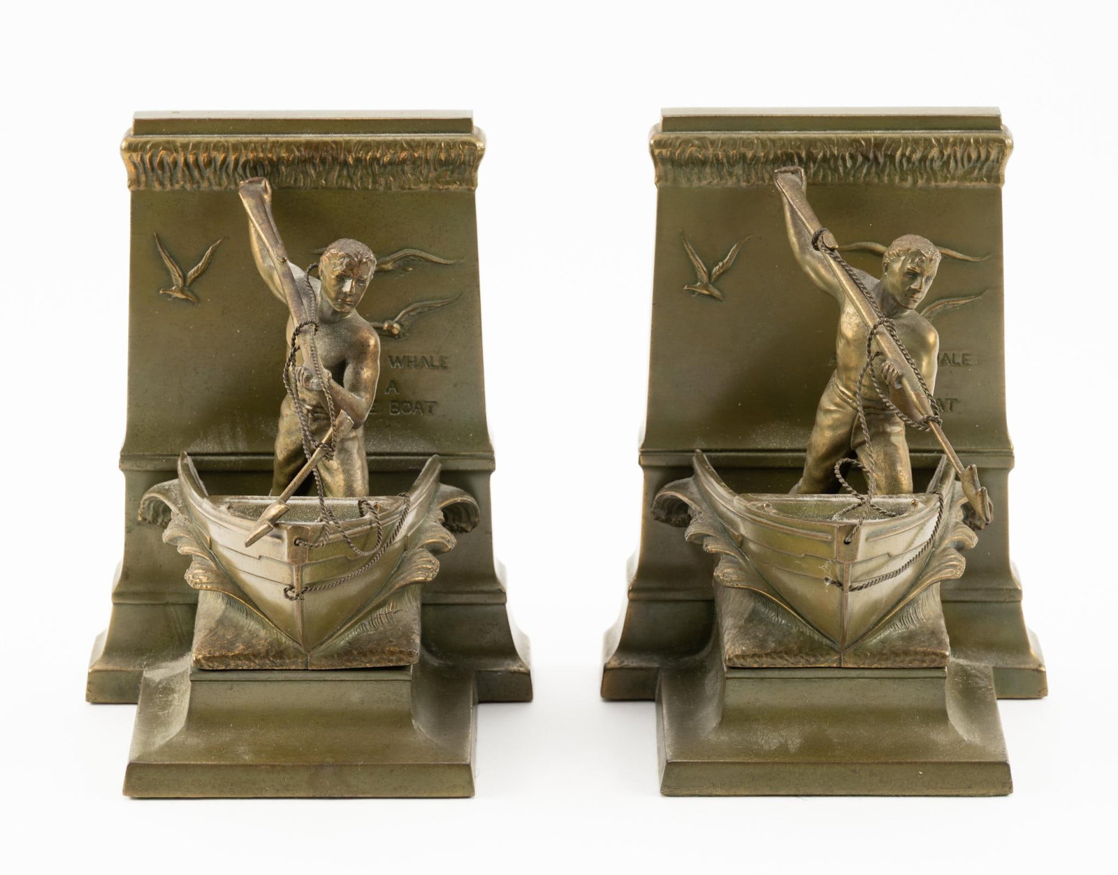 Pair Brass New Bedford Whaleman Bookends: Each 5-1/4" wide x 4-1/4" deep x 7" high. Figures are loose in bookends.