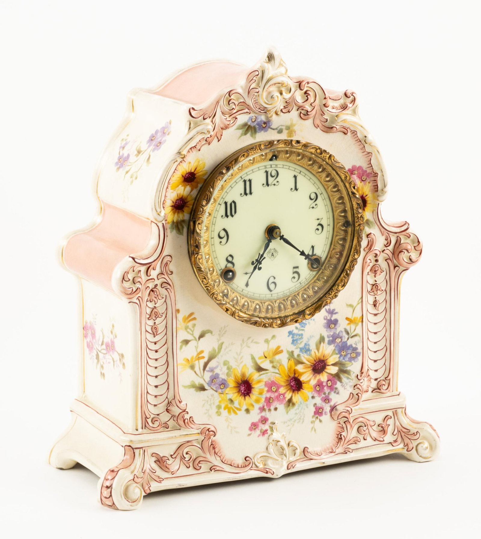 Royal Bonn "La Mosella" Porcelain Clock: Starts and stops. 11" wide x 5-1/4" deep x 12-1/2" high. Some fading to paint.