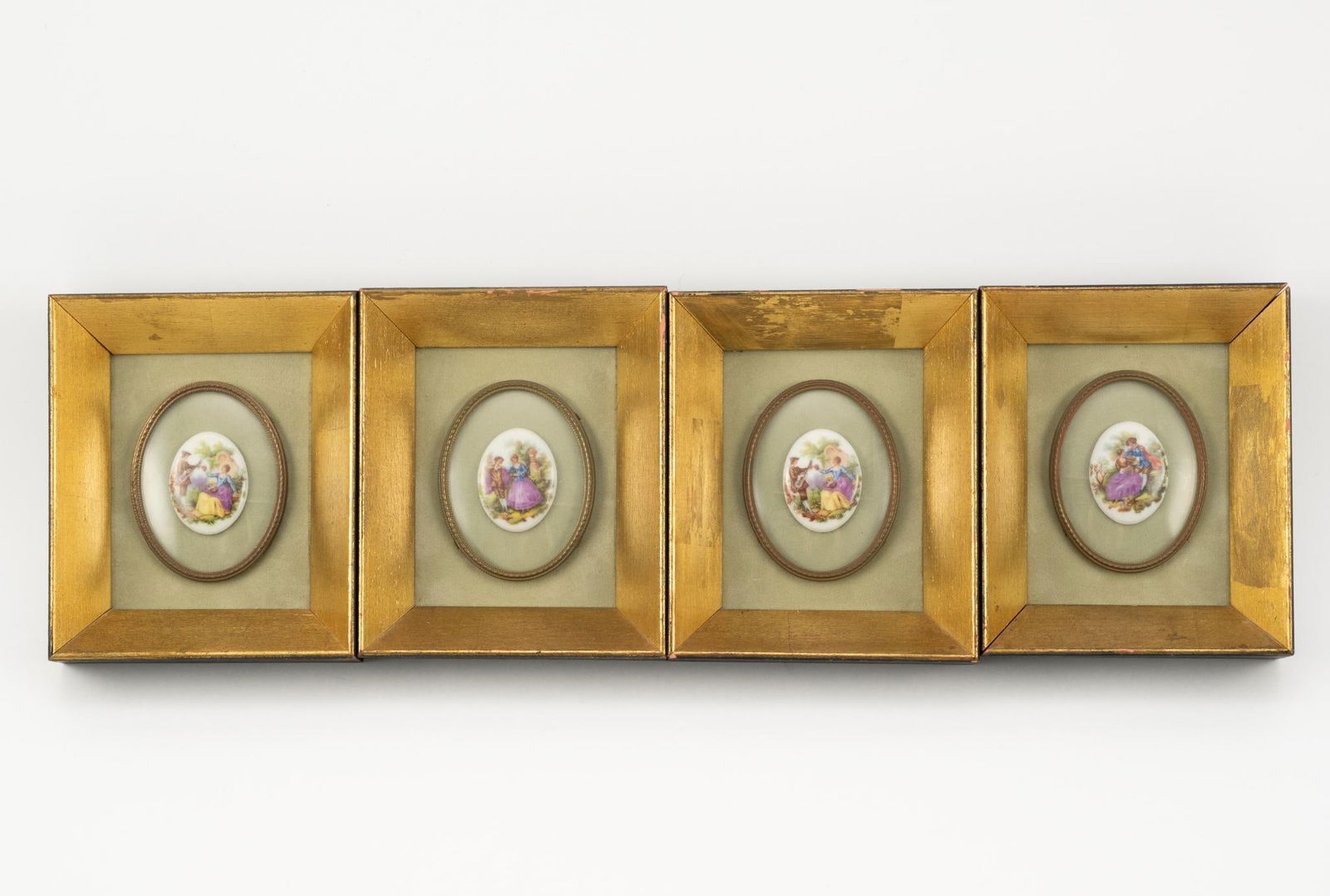 4 Frangonaro Medallions in Frames: Each sight: 1-1/4" wide x 1-3/4" high. Overall with frame each: 6" high x 5" wide. Minor paint losses to frames.
