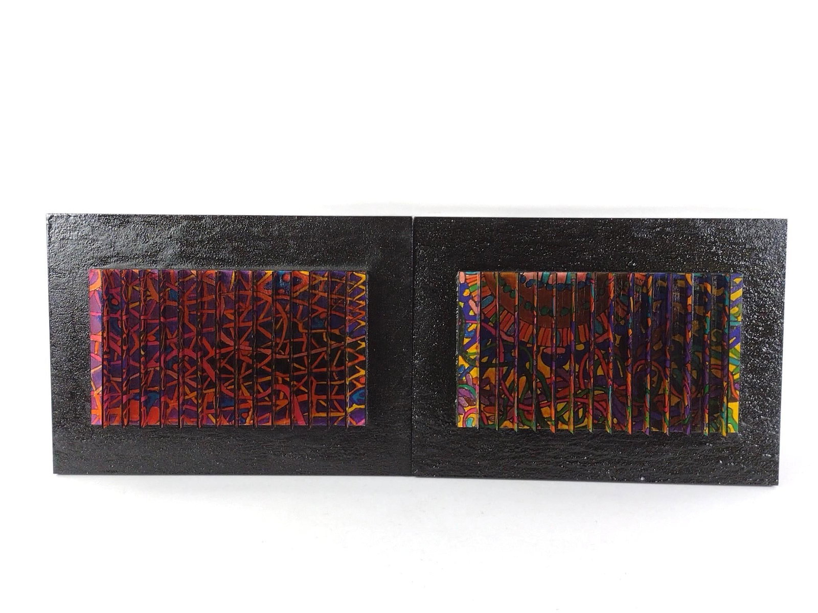 2 Yigal Elyadin 3D Wall Transformation Sculptures: NOT ELIGIBLE FOR IN-HOUSE SHIPPING. Each: 20-1/2" wide x 2-1/2" without case to 3-1/2" with case x 14-3/4" high. PROVENANCE: From the Estate of Yigal Elyadin. Yigal Elyadin was born in 1950 in Tel A