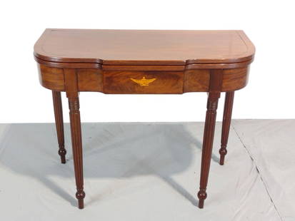 Inlaid Sheraton Game / Card Table: NOT ELIGIBLE FOR IN-HOUSE SHIPPING. 36" wide X open 34", closed 17" deep X 28" high. Copper inlay starting to lift. PROVENANCE: From a Historical Collection.