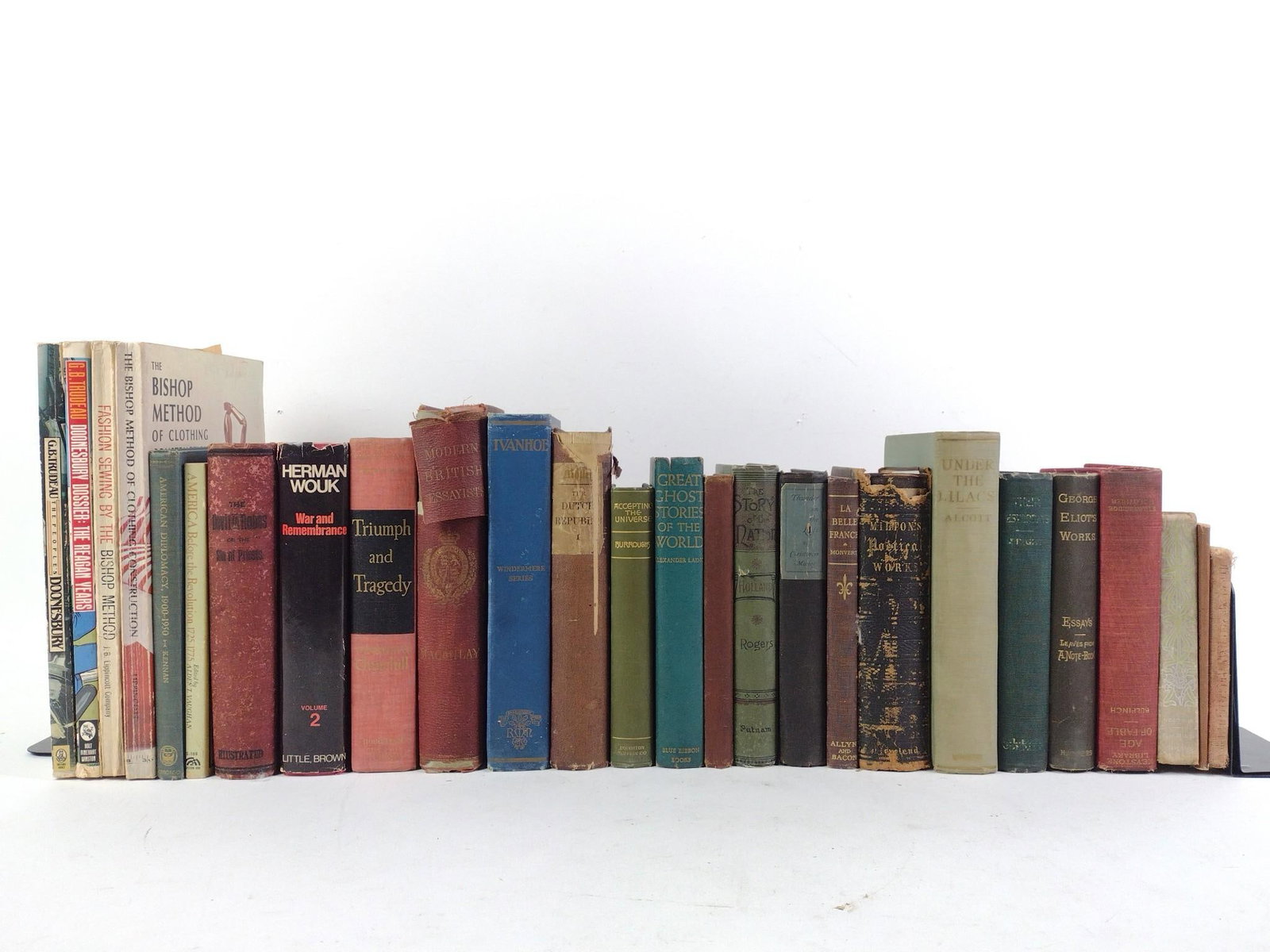 26 Antique Books incl. Triumph & Tragedy: NOT ELIGIBLE FOR IN-HOUSE SHIPPING. Also includes Great Ghost Stories of the World; Fashion Sewing by the Bishop Method; Ivanhoe; America Before the Revolution; and more. Wear to spines, pages, dust 