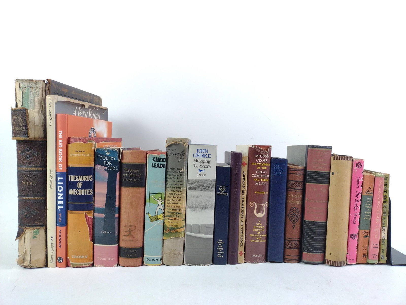 21 Antique Books incl. Hugging The Shore: NOT ELIGIBLE FOR IN-HOUSE SHIPPING. Also includes The Works of Thomas Moore; The Great Short Stories of Robert Louis Stevenson; The Brown Wings; The Age of Revolution; and more. Wear to dust jackets, 