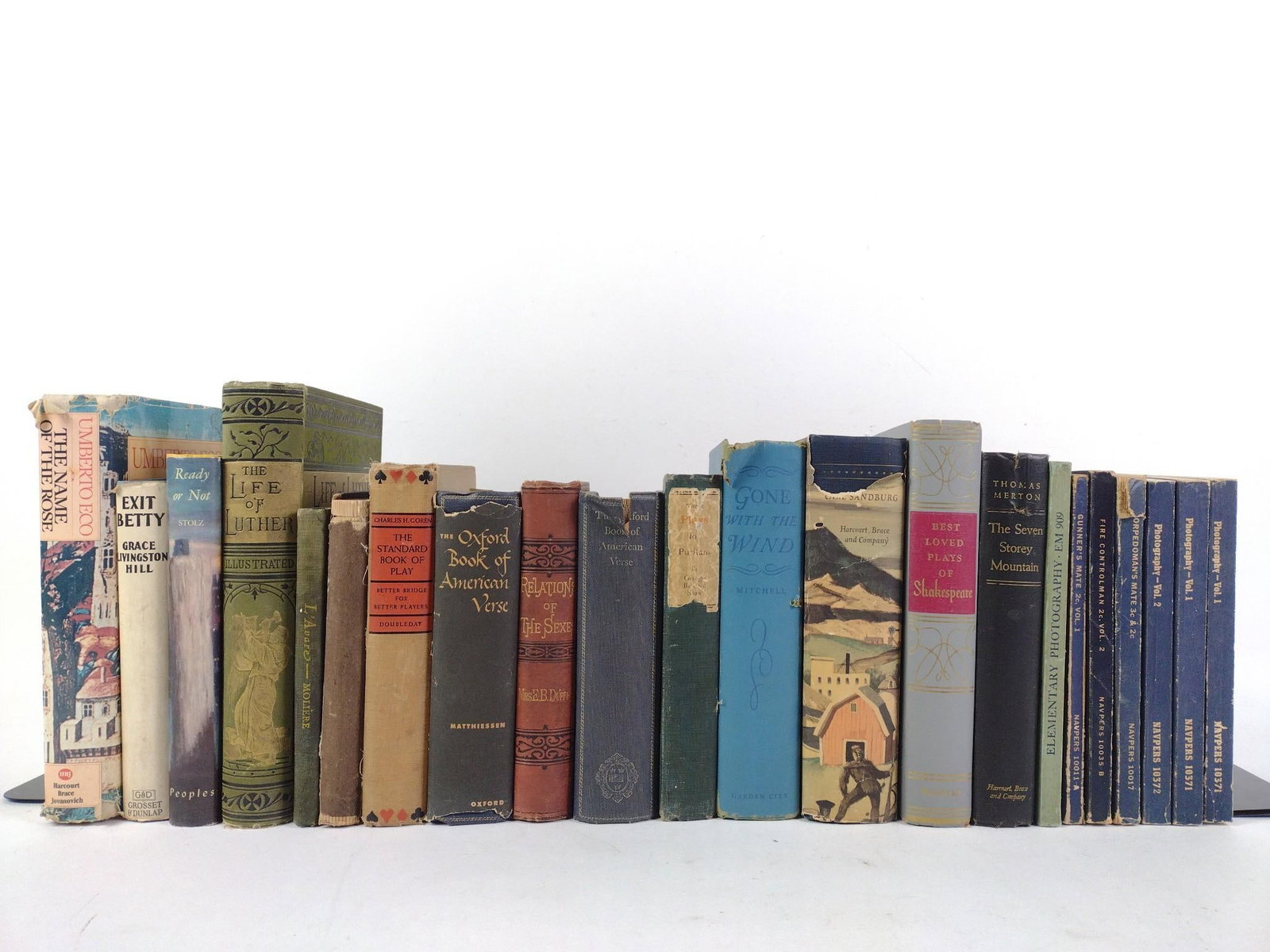 22 Antique Books incl. The Life of Luther: NOT ELIGIBLE FOR IN-HOUSE SHIPPING. Also includes Exit Betty; Ready or Not; The Name of the Rose; Relations of the Sexes; Gone With the Wind; and more. Wear to dust jackets, covers, spines, and pages.