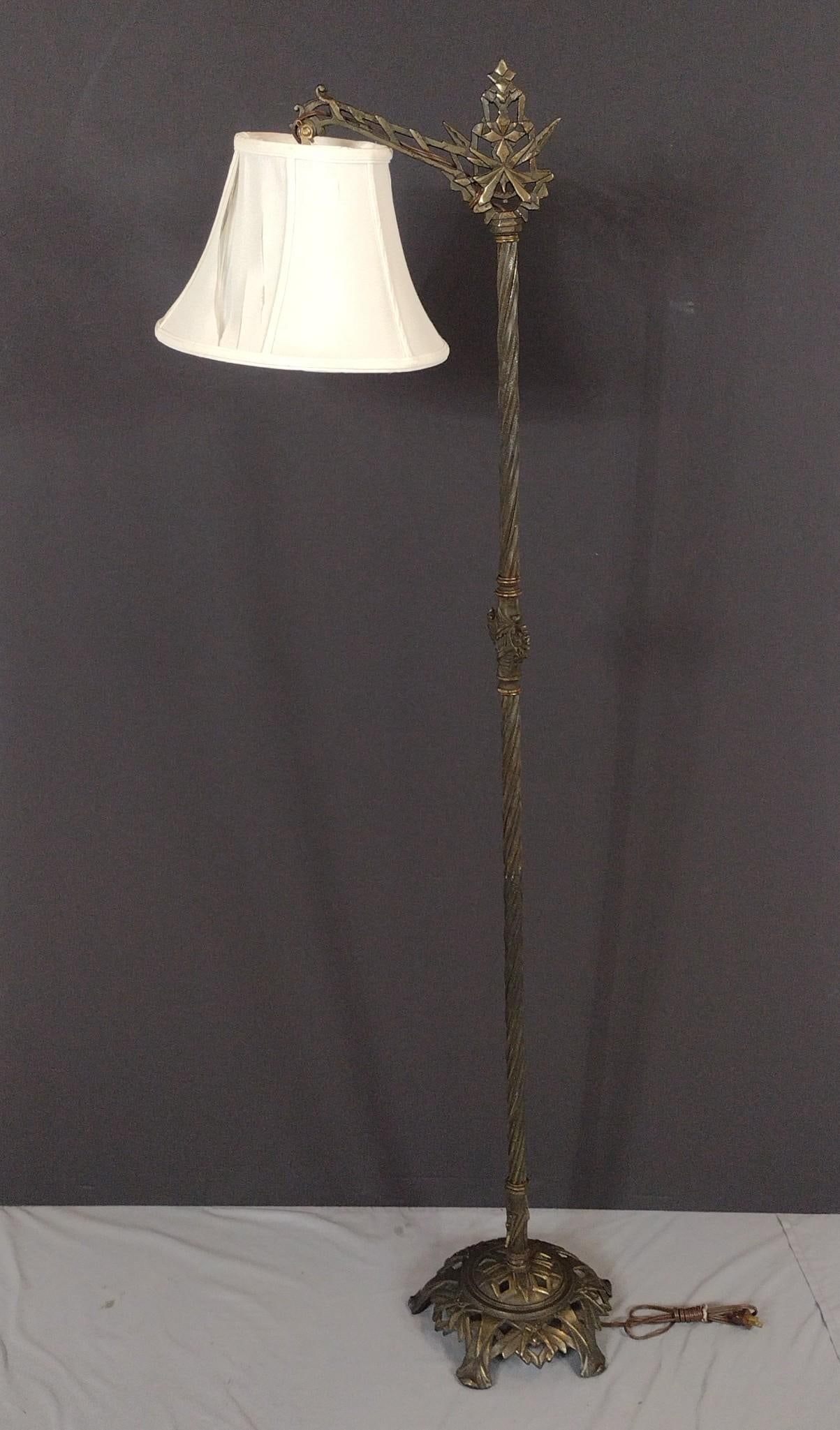 Metal Floor Lamp: NOT ELIGIBLE FOR IN-HOUSE SHIPPING. 22" wide X 10" deep X 60" high. Working. Shade has damage.