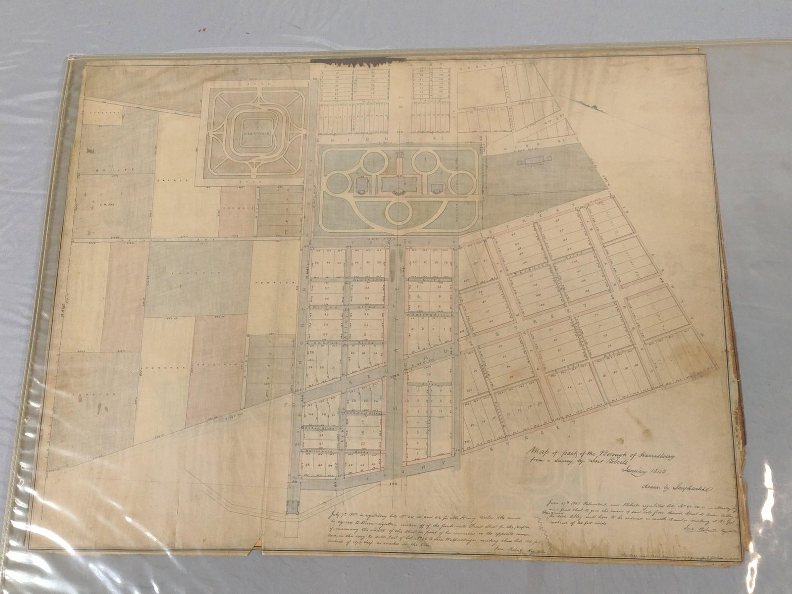 Antique Map Depicting Part of the Borough of Harrisburg, PA: NOT ELIGIBLE FOR IN-HOUSE SHIPPING. Some discoloration and wear to edges consistent with age and use.