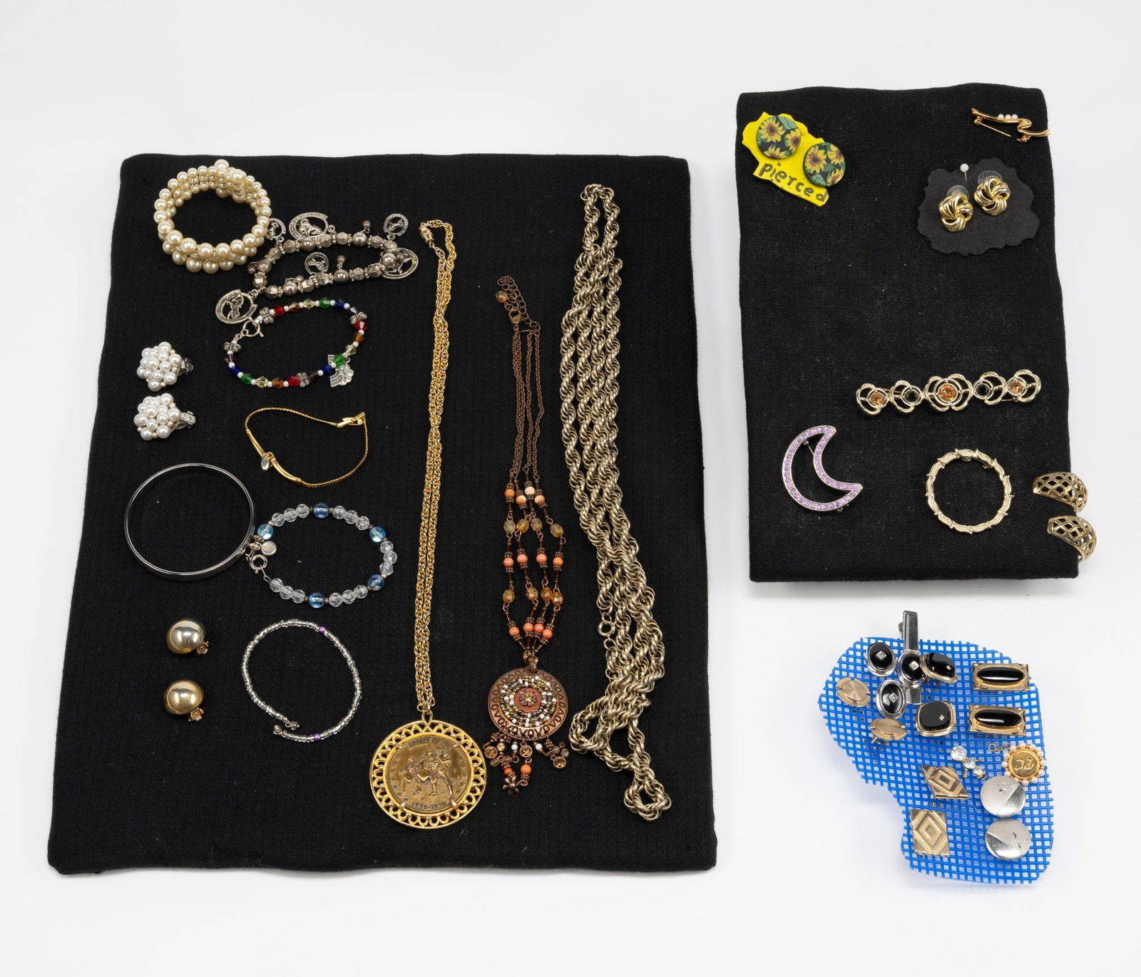 39 Pcs Costume and Fashion Jewelry incl Monet Bangle: Includes necklaces, earrings, bracelets and men's dress shirt / tie pieces.