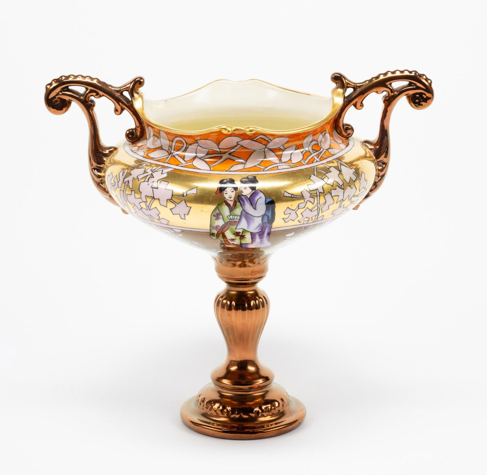 Belleek Double Handled Vase with Asian Figures (1 of 5)