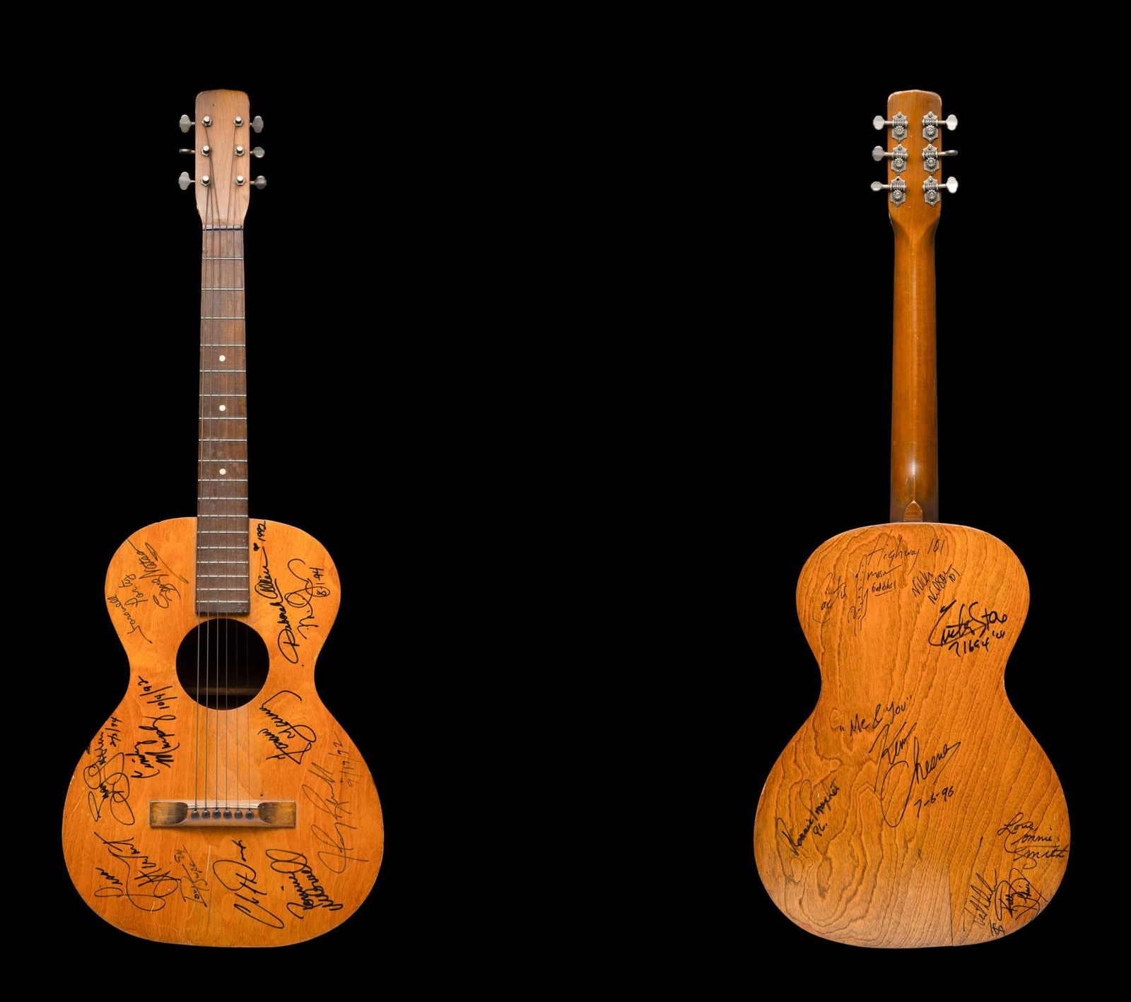 Country Music Autographed Acoustic Guitar: NOT ELIGIBLE FOR IN-HOUSE SHIPPING. Includes Gene Watson, Cindy Murphy, Deborah Allen, Kenny Chesney, Nikki Nelson, Highway 101 Cactus Moser, Connie Smith, and more. Autographs are not authenticated.