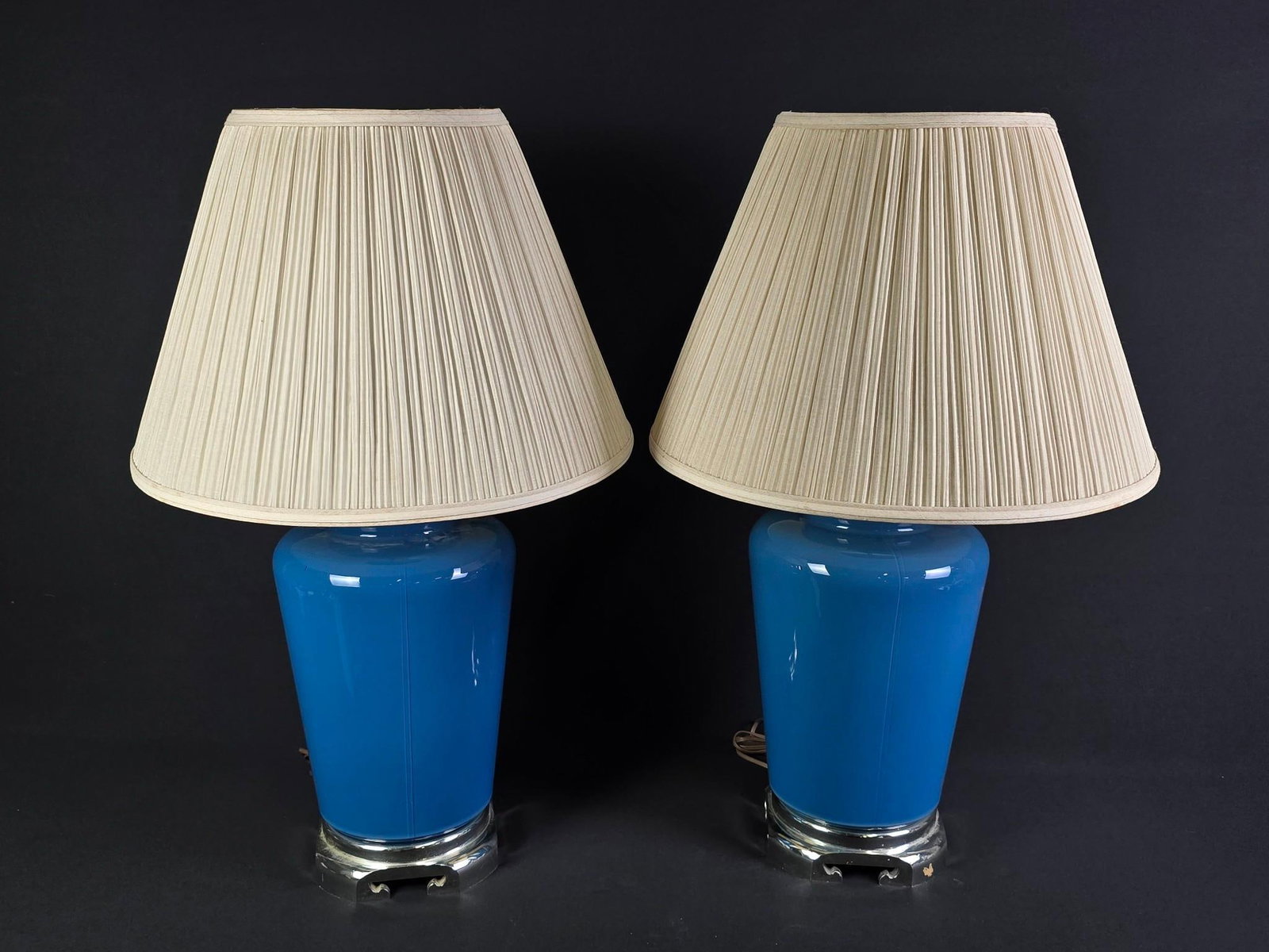 Pr Blue Table Lamps: NOT ELIGIBLE FOR IN-HOUSE SHIPPING. Working. Overall with shade: 17-1/2" diameter x 28" high.
