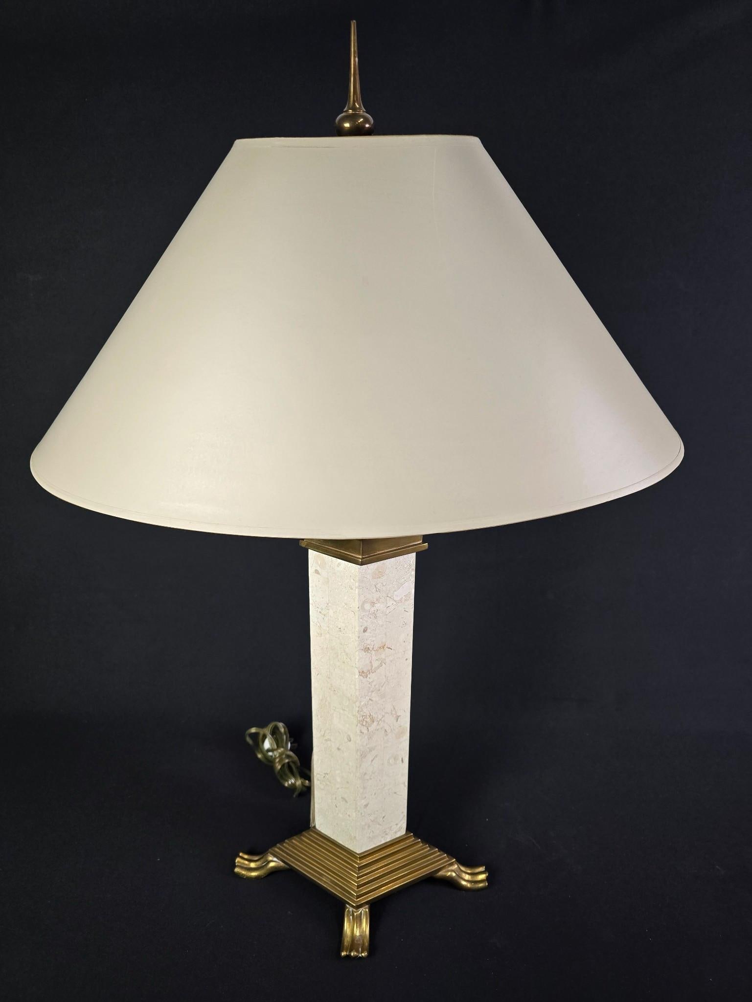 Modernist Marble Lamp: NOT ELIGIBLE FOR IN-HOUSE SHIPPING. Working. Overall with shade: 22-1/2" wide x 13-1/2" deep x 32-1/4" high. Scratch to shade.