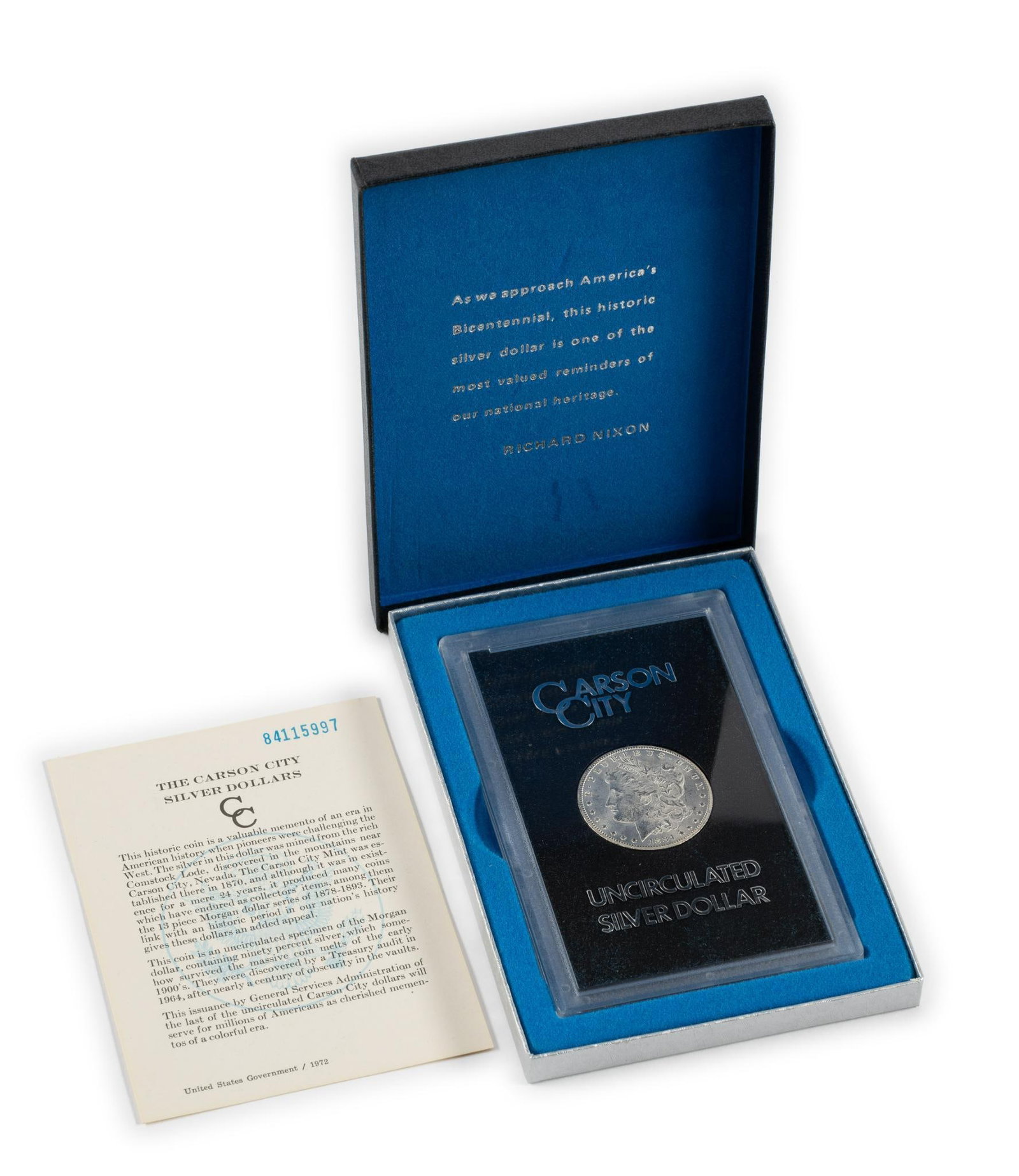 1884 Carson City GSA Silver Dollar: An uncirculated silver dollar GSA with box and papers 1884-CC.