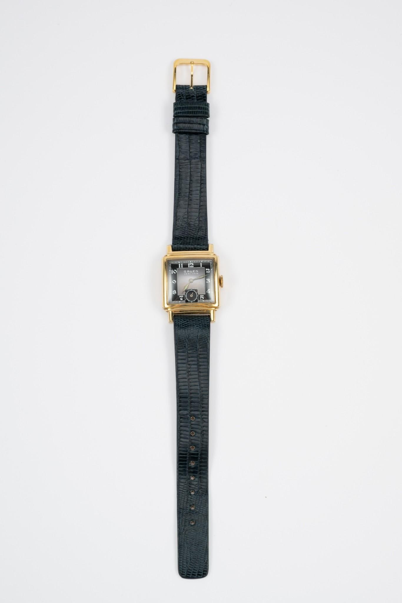 1941 Gruen Veri-Thin 10K Gold Filled Remarkable Condition: Style number 458, Caliber 405 Gruen antique watch from 1941 with a fine two tone dial. 25 mm X 35 mm case. Little wear seen with no show-through of the plating. The watch runs and keeps time but not c