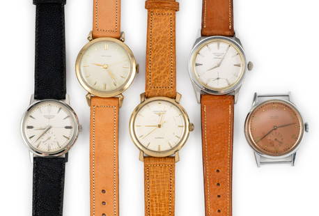 Antique Watches Including Three Longines: Five vintage wrist watches include 1950's Longines stainless automatic, engraved back and movement rotor feels loose. Longines stainless manual wind 1950's nearly perfect unpolished case and perfect g