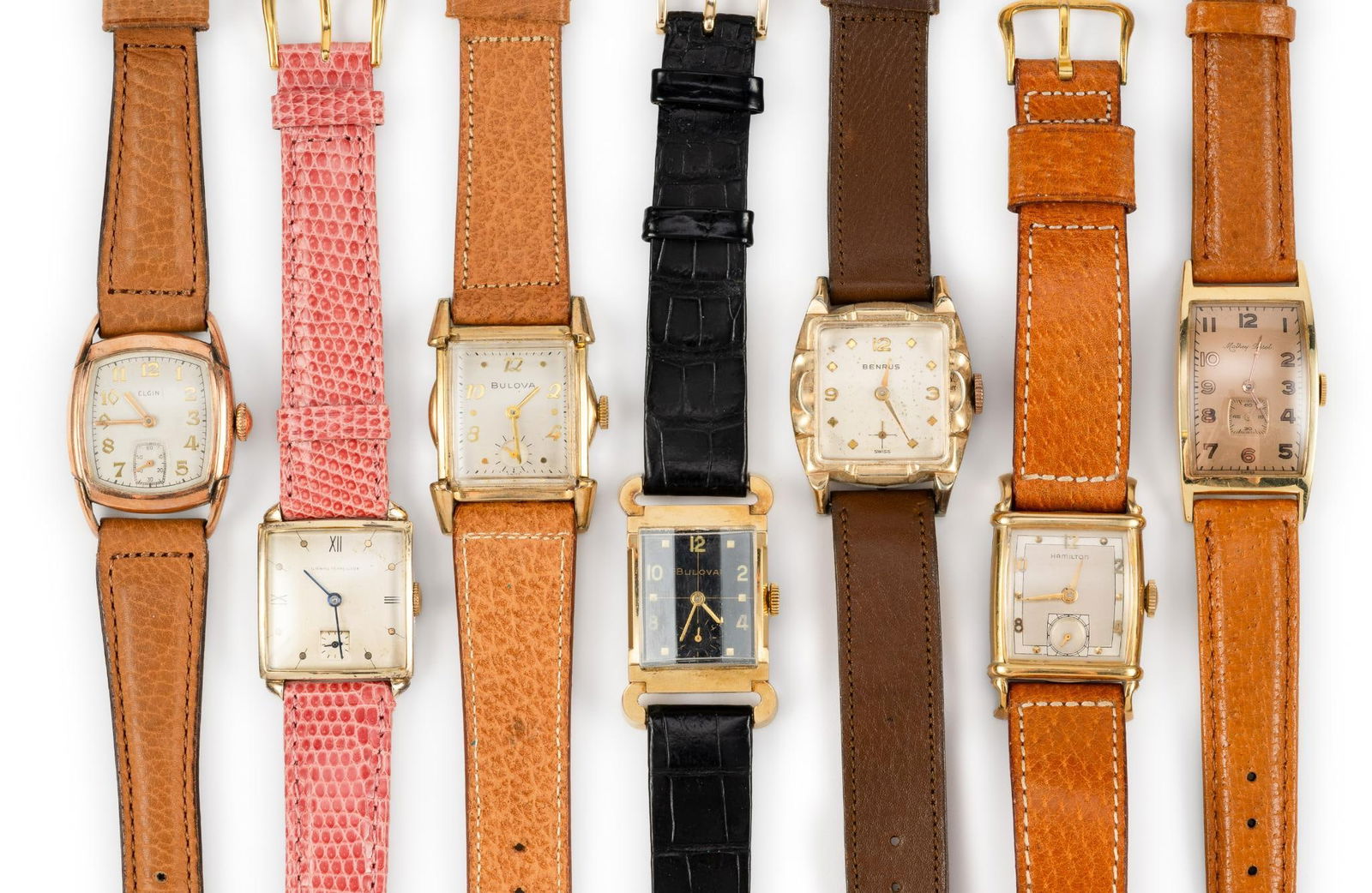 7 Antique Gold Filled Wrist Watches 1940's: Most 10k gold filled with the Mathey Tissot being 14k gold filled. Benrus, Hamilton, Mathey Tissot, Bulova, Elgin. All watches run and keep time, not accuracy checked. From an estate collection with h